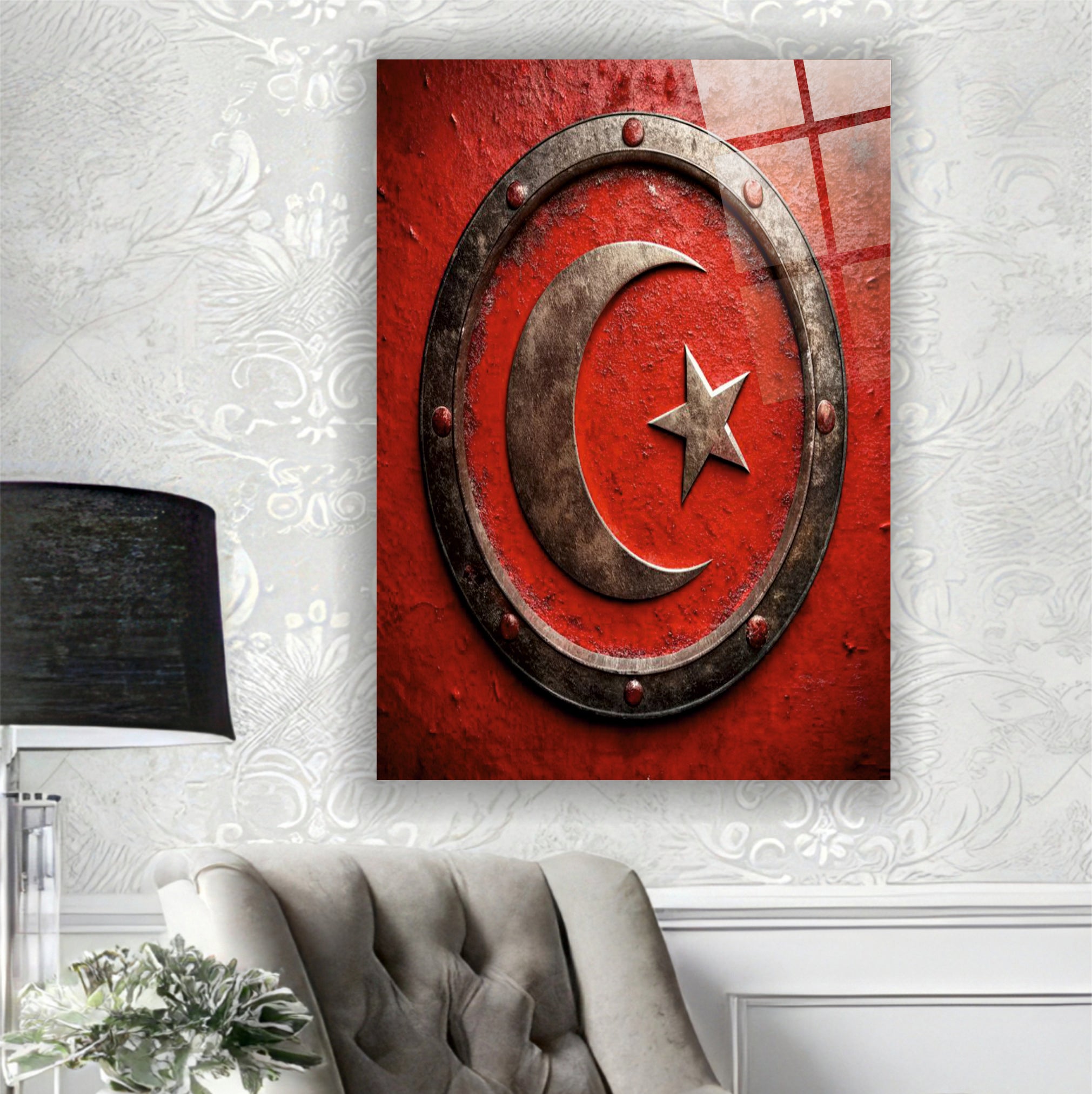 BAYRAK-34 Metal Görünümlü Hilal ve Yıldız Temalı Dekoratif Cam Tablo Tasarımı