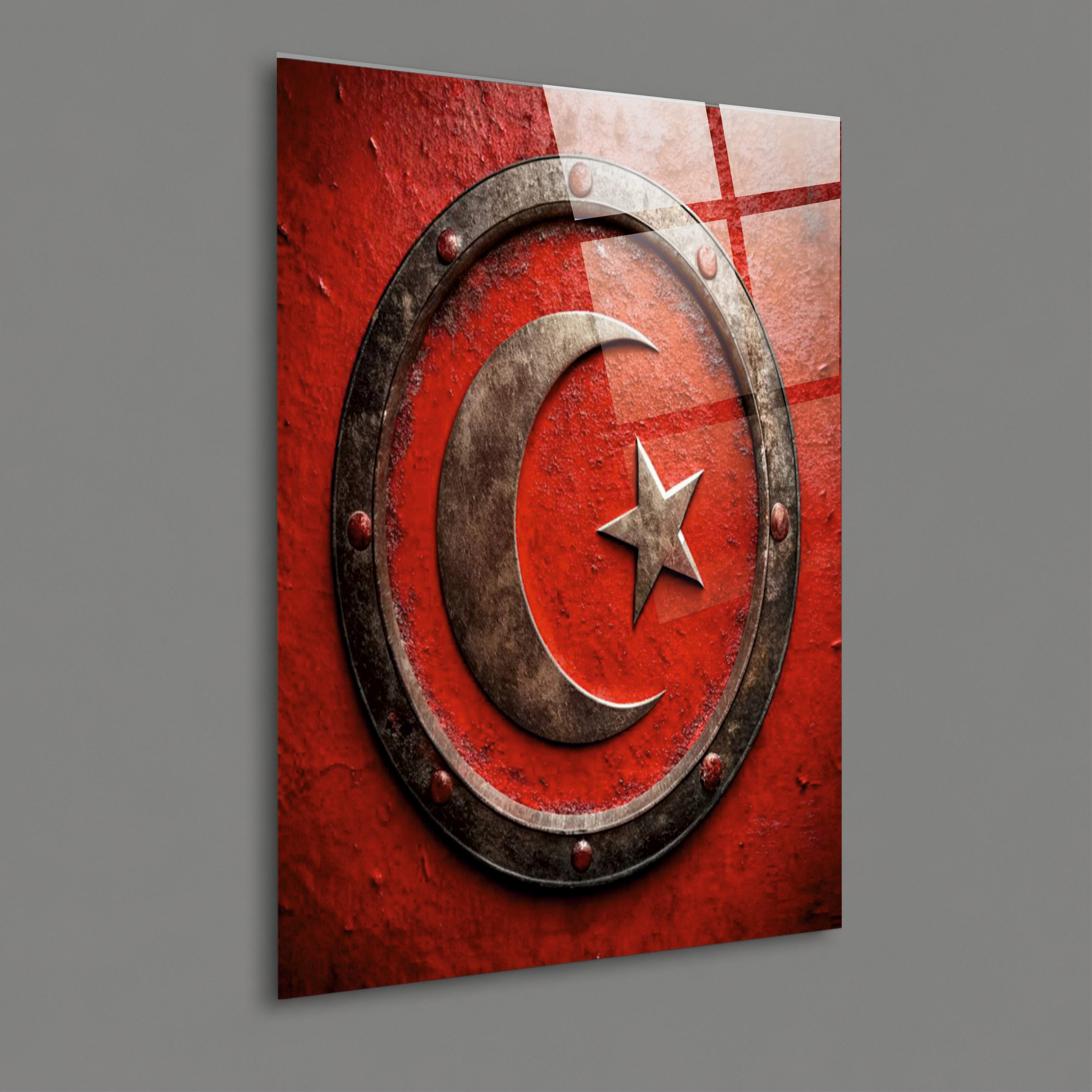 BAYRAK-34 Metal Görünümlü Hilal ve Yıldız Temalı Dekoratif Cam Tablo Tasarımı