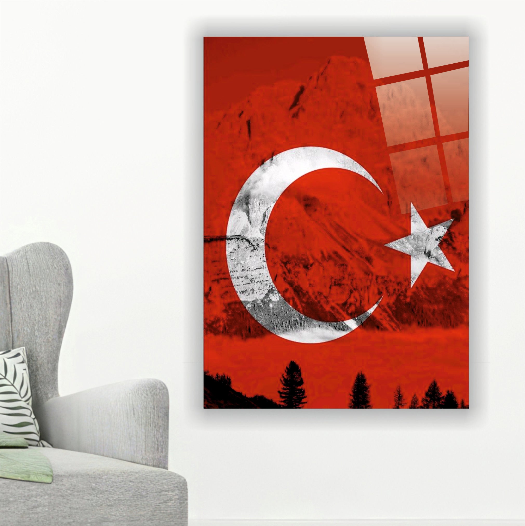 BAYRAK-36 Karlı Dağlar Önünde Türk Bayrağı Manzaralı Dekoratif Cam Tablo Tasarımı