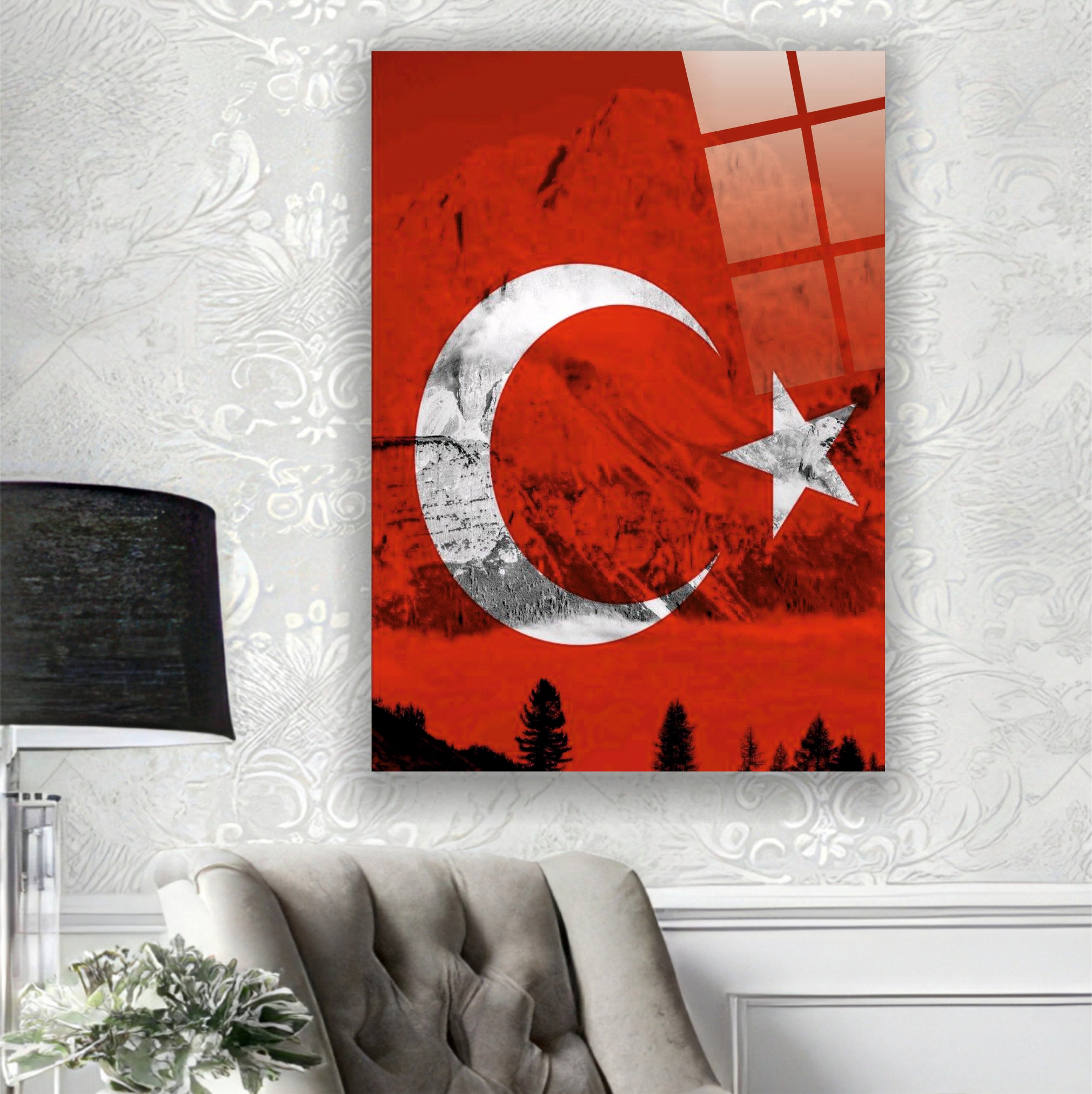 BAYRAK-36 Karlı Dağlar Önünde Türk Bayrağı Manzaralı Dekoratif Cam Tablo Tasarımı