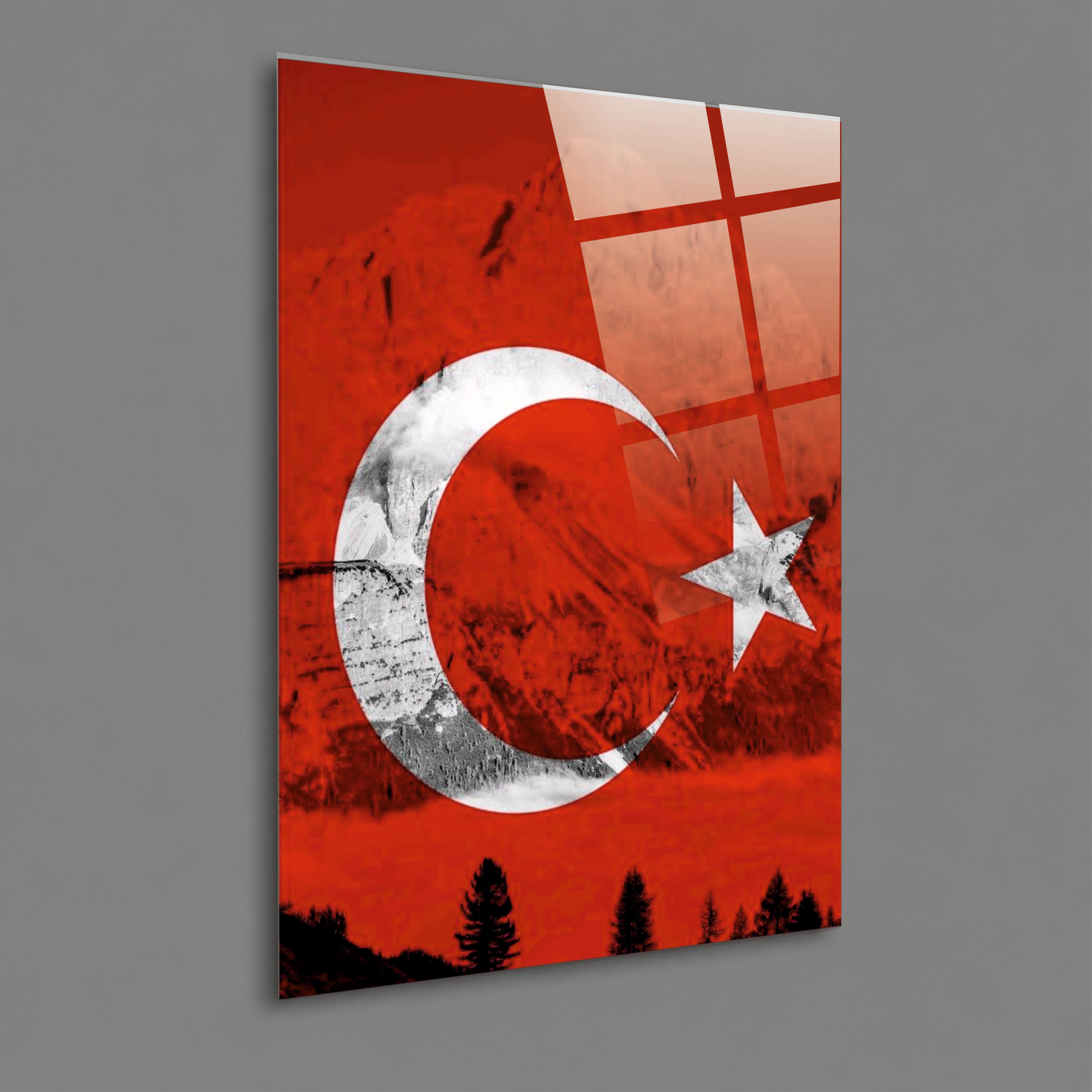 BAYRAK-36 Karlı Dağlar Önünde Türk Bayrağı Manzaralı Dekoratif Cam Tablo Tasarımı