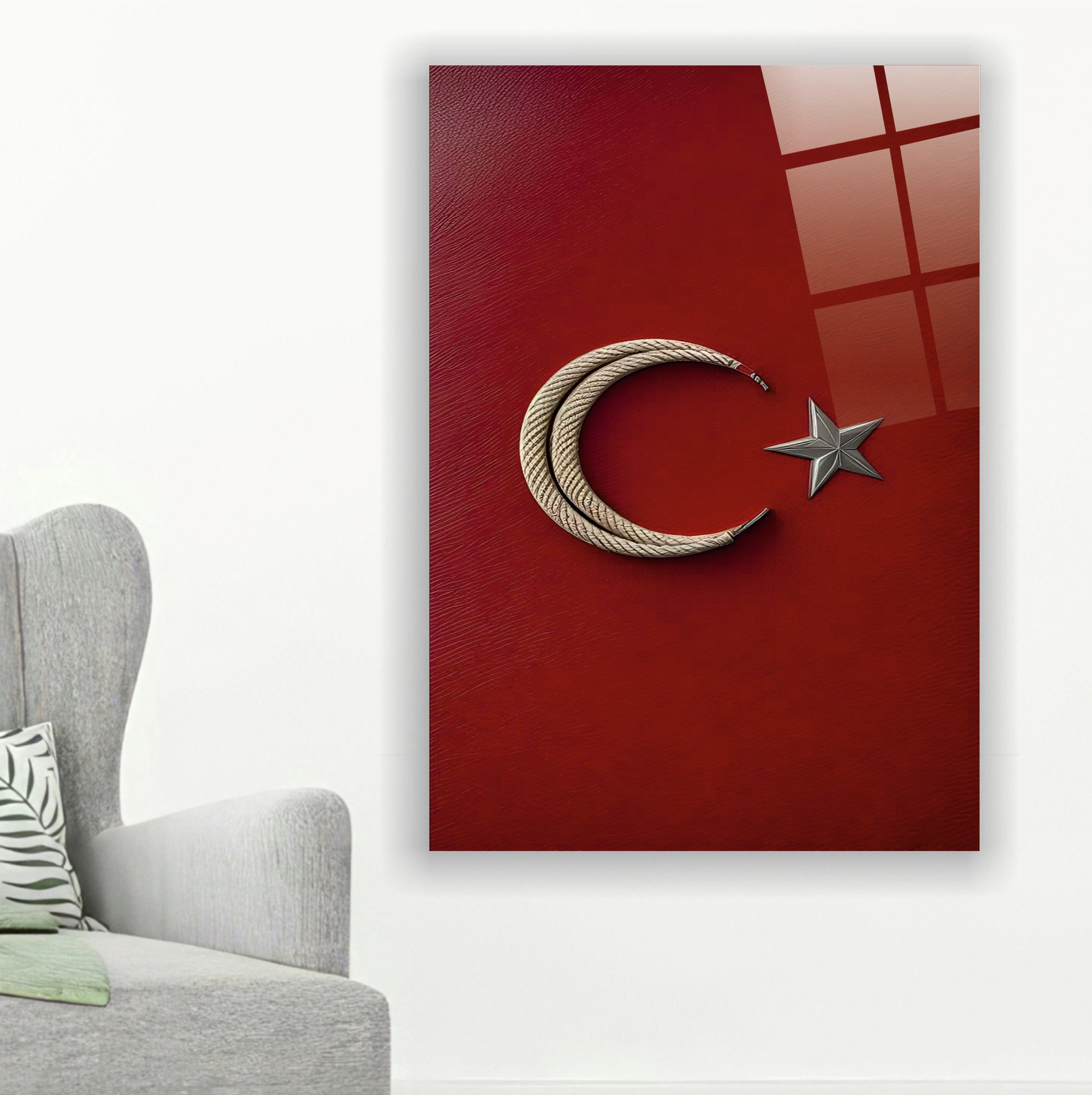BAYRAK-38 Minimal Ay Yıldız Tasarımlı Modern Dekoratif Temperli Cam Tablo Modeli