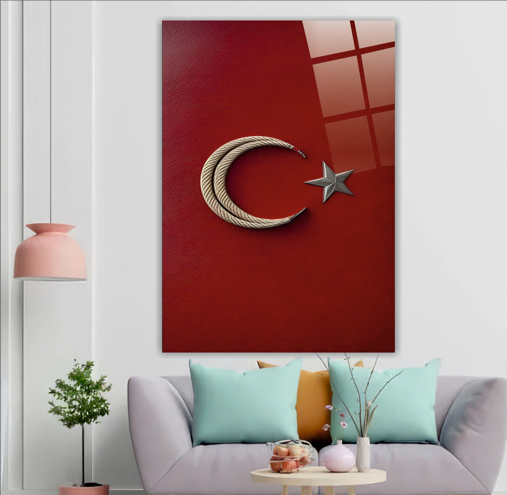 BAYRAK-38 Minimal Ay Yıldız Tasarımlı Modern Dekoratif Temperli Cam Tablo Modeli