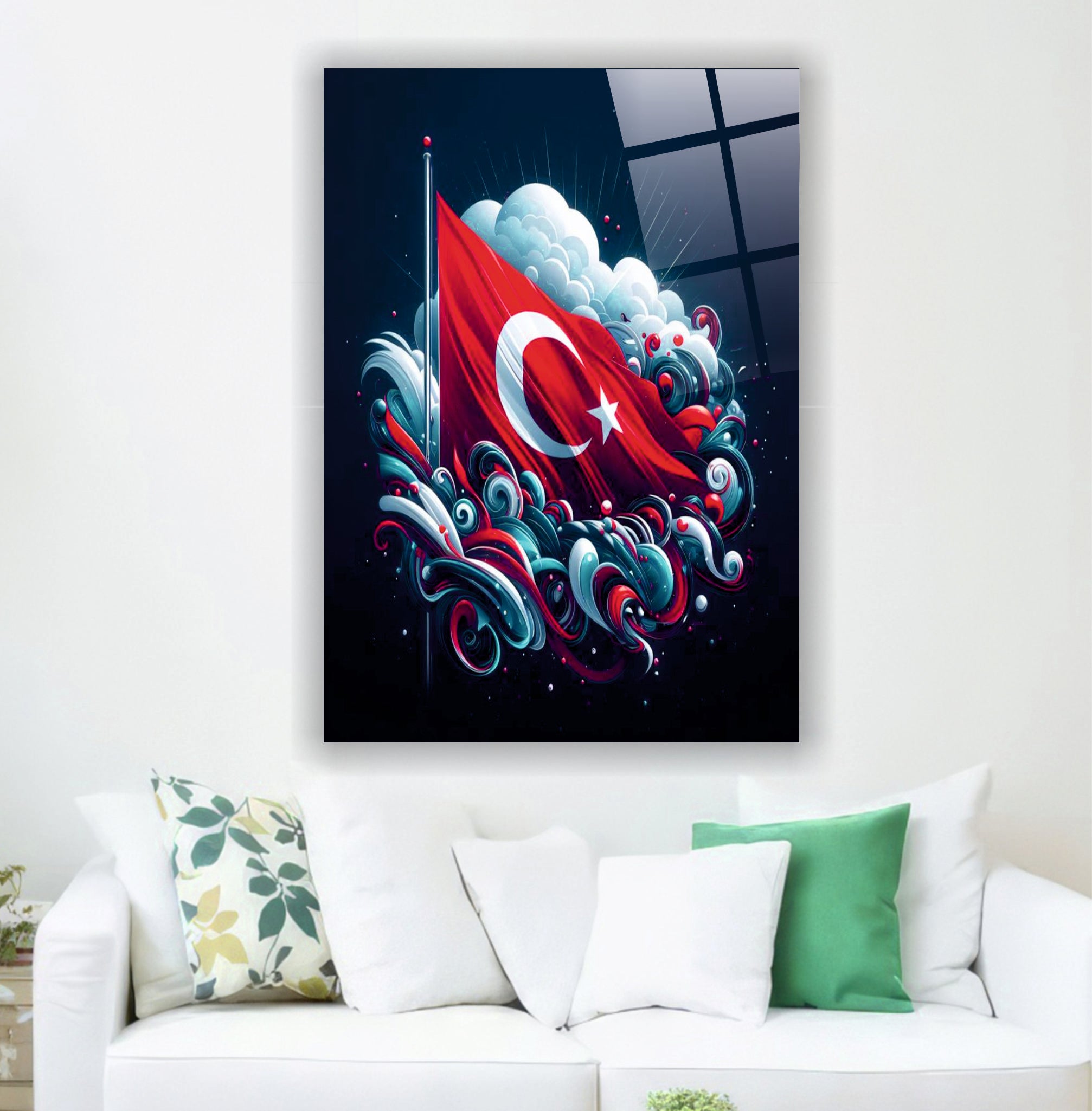BAYRAK-40 Modern Sanatsal Türk Bayrağı Tasarımlı Dekoratif Temperli Cam Tablo