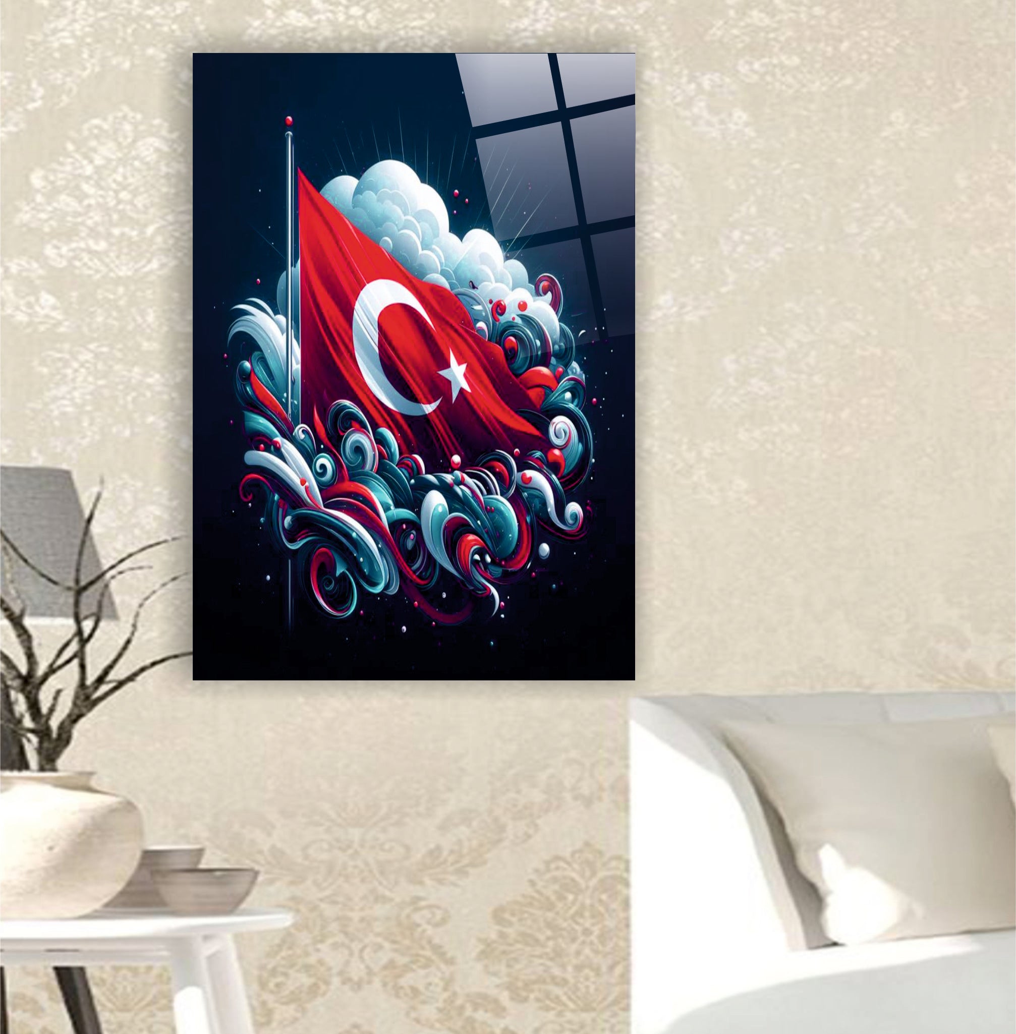 BAYRAK-40 Modern Sanatsal Türk Bayrağı Tasarımlı Dekoratif Temperli Cam Tablo