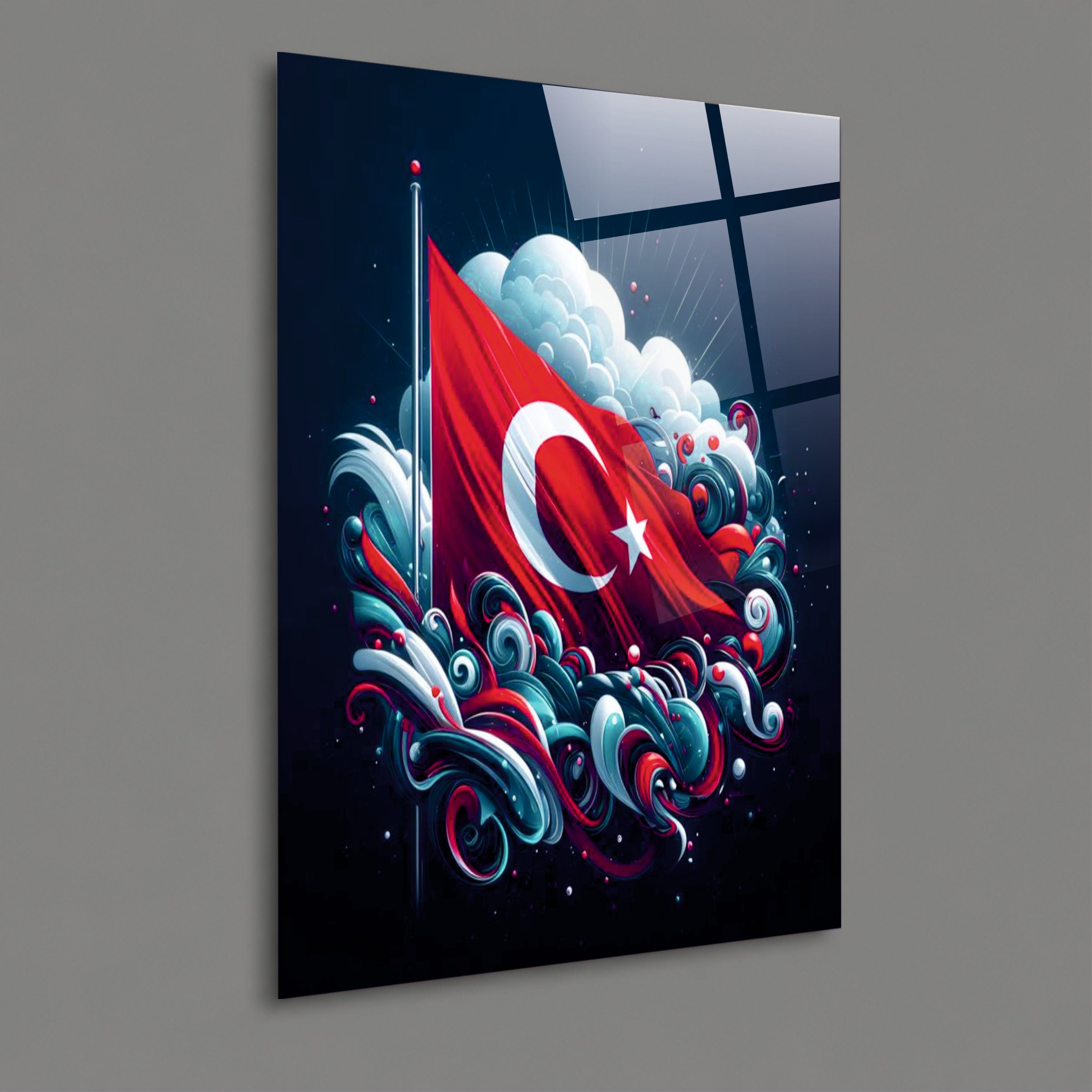 BAYRAK-40 Modern Sanatsal Türk Bayrağı Tasarımlı Dekoratif Temperli Cam Tablo