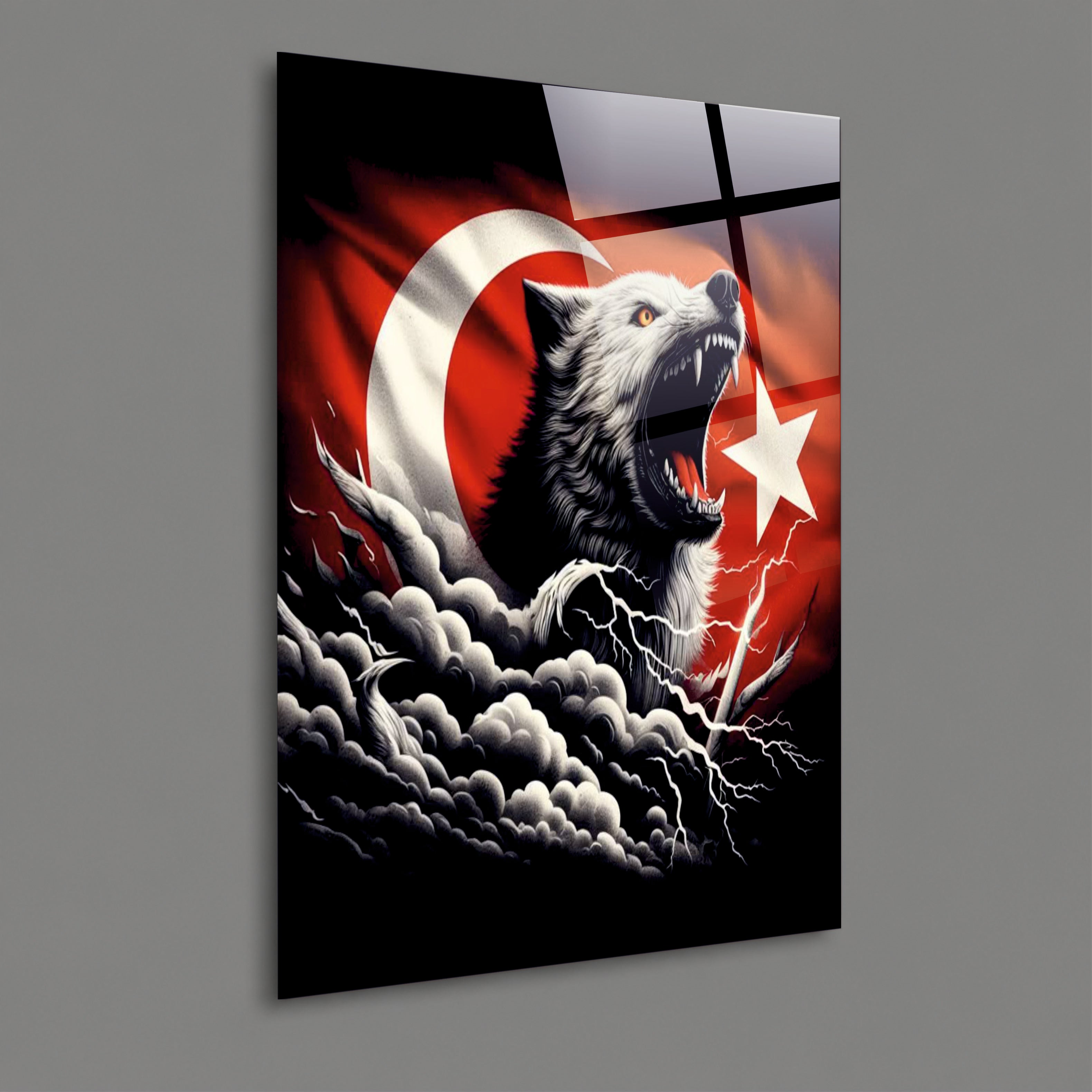 BAYRAK-42 Bozkurt ve Türk Bayrağı Temalı Dekoratif 4 mm Temperli Cam Tablo