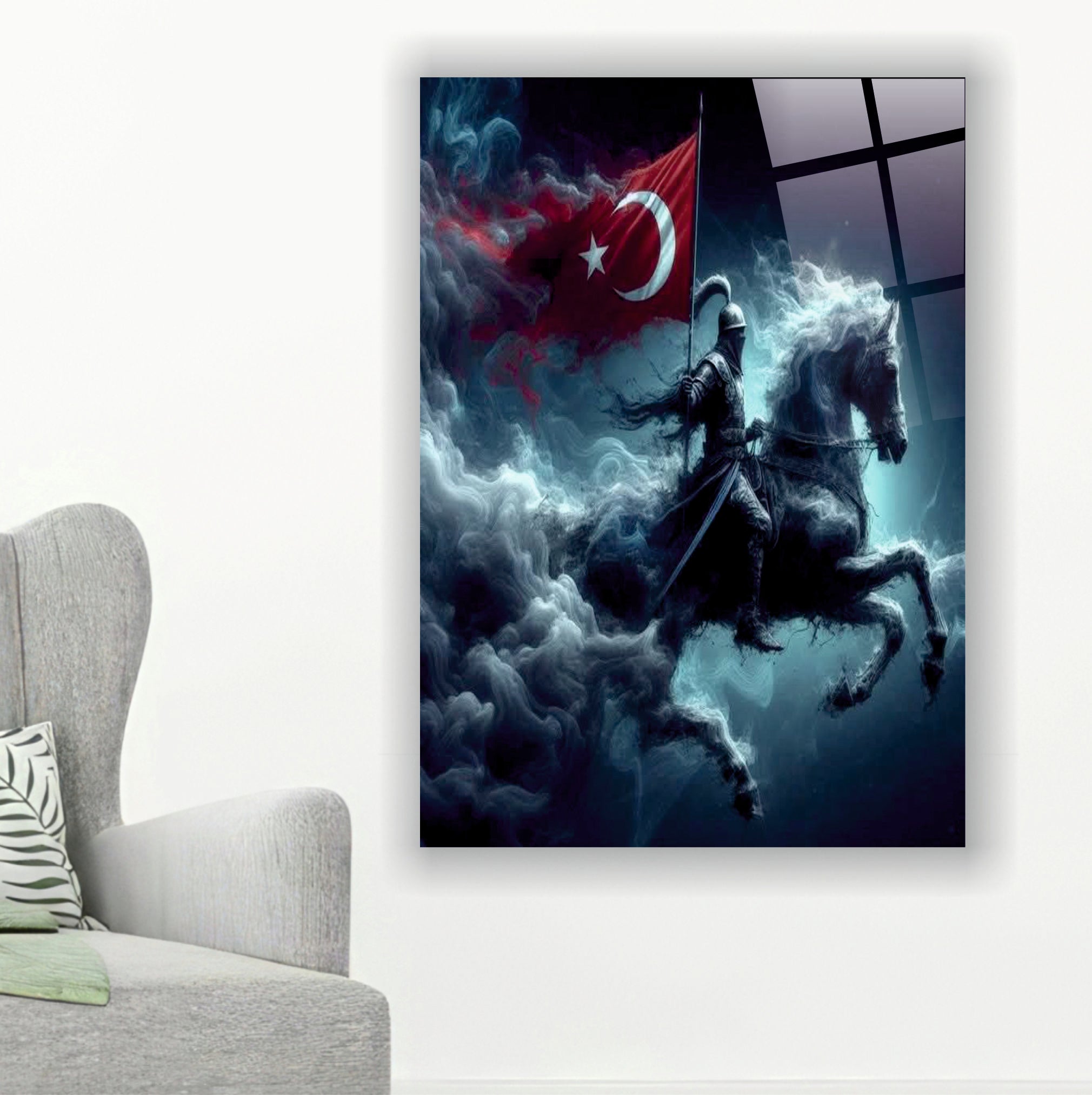 BAYRAK-47 Osmanlı Süvarisi ve Türk Bayrağı Temalı Dekoratif 4 mm Temperli Cam Tablo