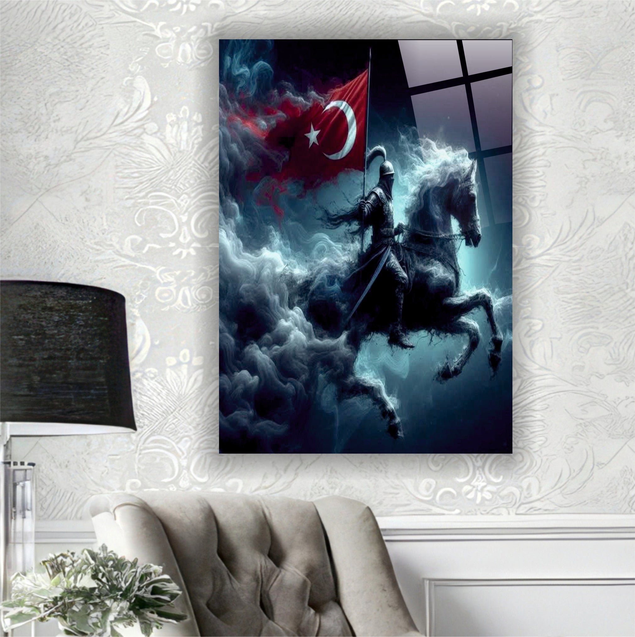 BAYRAK-47 Osmanlı Süvarisi ve Türk Bayrağı Temalı Dekoratif 4 mm Temperli Cam Tablo