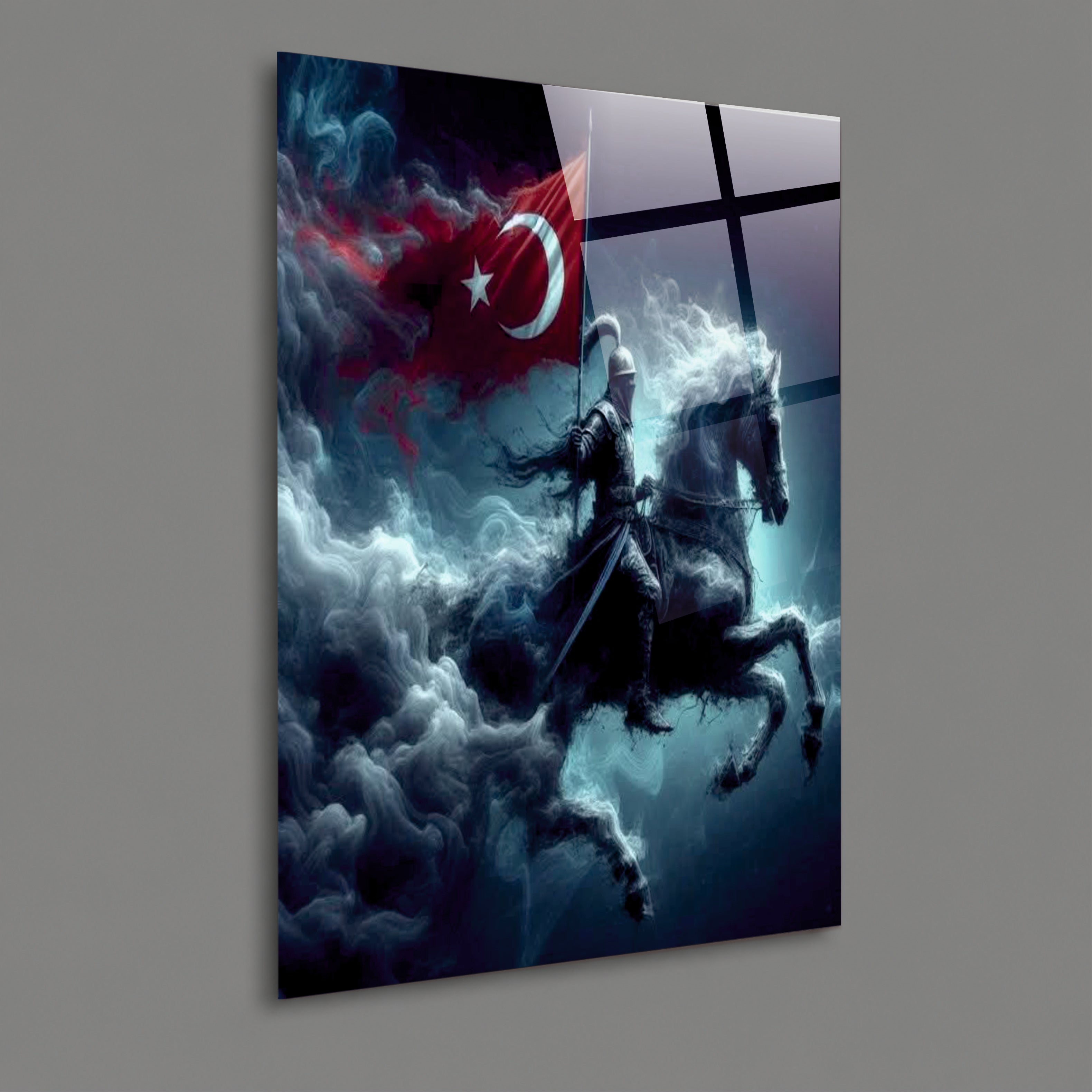 BAYRAK-47 Osmanlı Süvarisi ve Türk Bayrağı Temalı Dekoratif 4 mm Temperli Cam Tablo