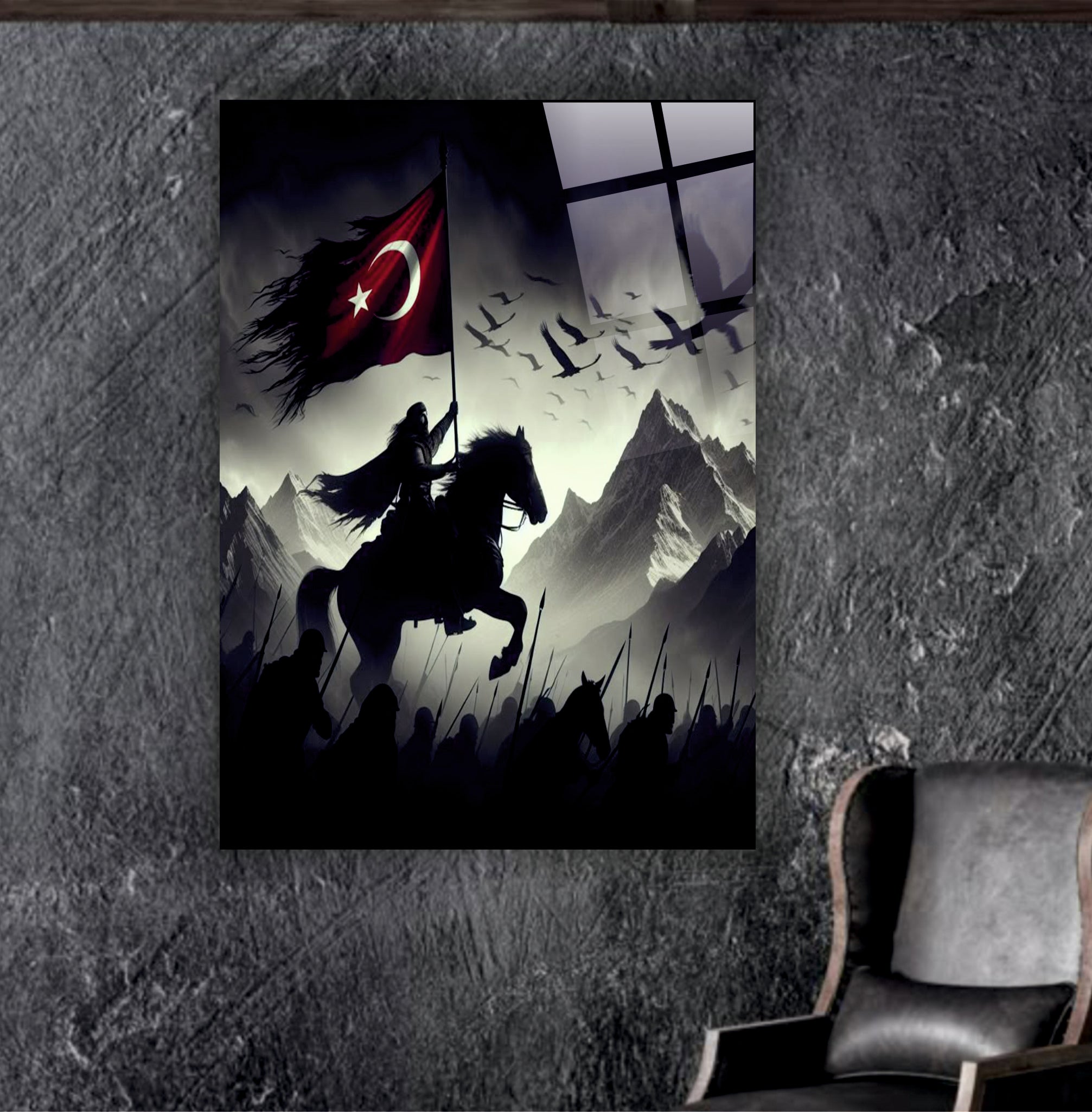 BAYRAK-48 Osmanlı Süvarisi ve Türk Bayrağı Dekoratif 4 mm Temperli Cam Tablo