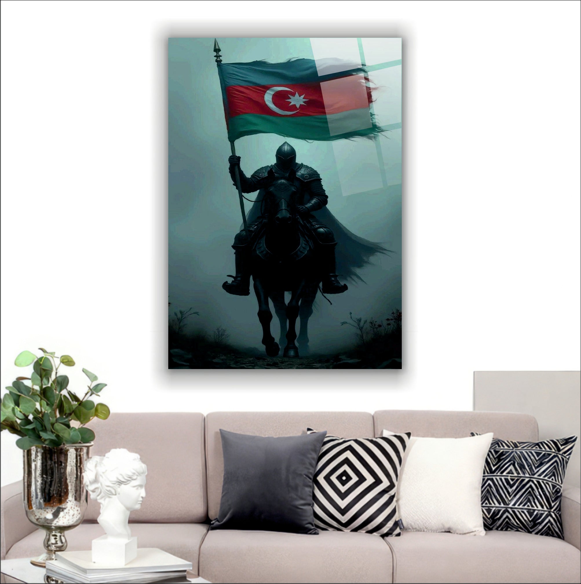 BAYRAK-5 Azerbaycan Bayrağı Taşıyan Zırhlı Süvari Tarihi Kahraman Duvar Tablosu