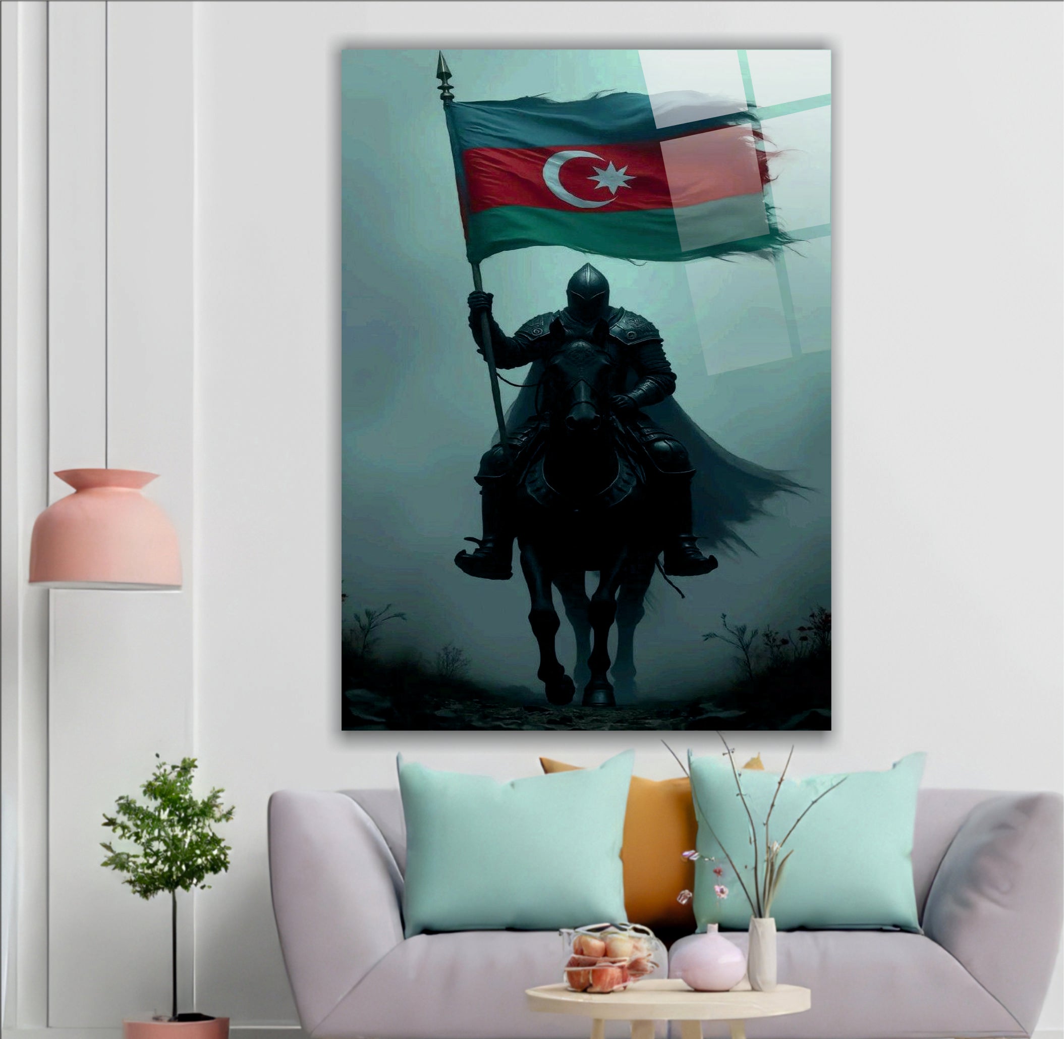 BAYRAK-5 Azerbaycan Bayrağı Taşıyan Zırhlı Süvari Tarihi Kahraman Duvar Tablosu
