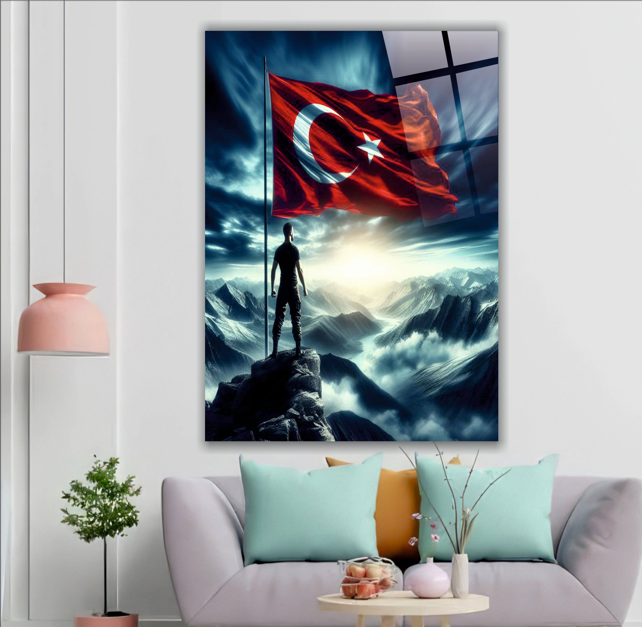 BAYRAK-50 Dağ Zirvesinde Dalgalanan Türk Bayrağı 4 mm Temperli Cam Tablo