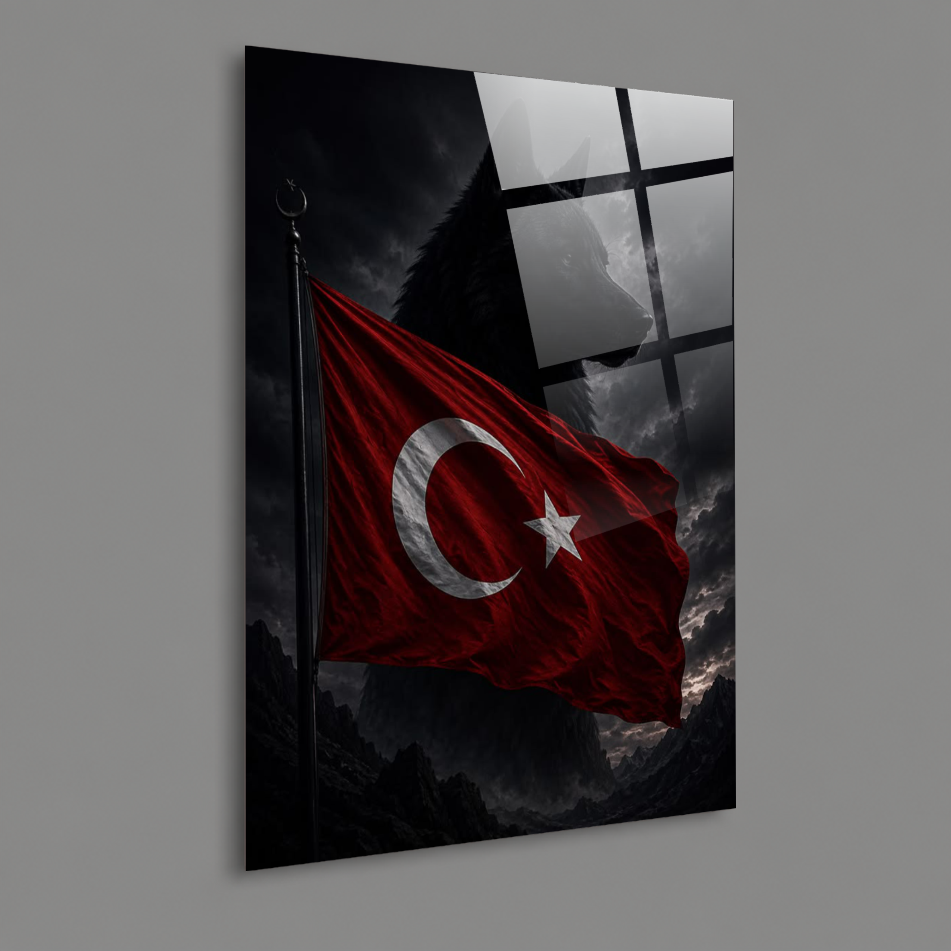 BAYRAK-6 Bozkurt Silüeti ve Dalgalanan Türk Bayrağı Karanlık Gökyüzü Duvar Tablosu