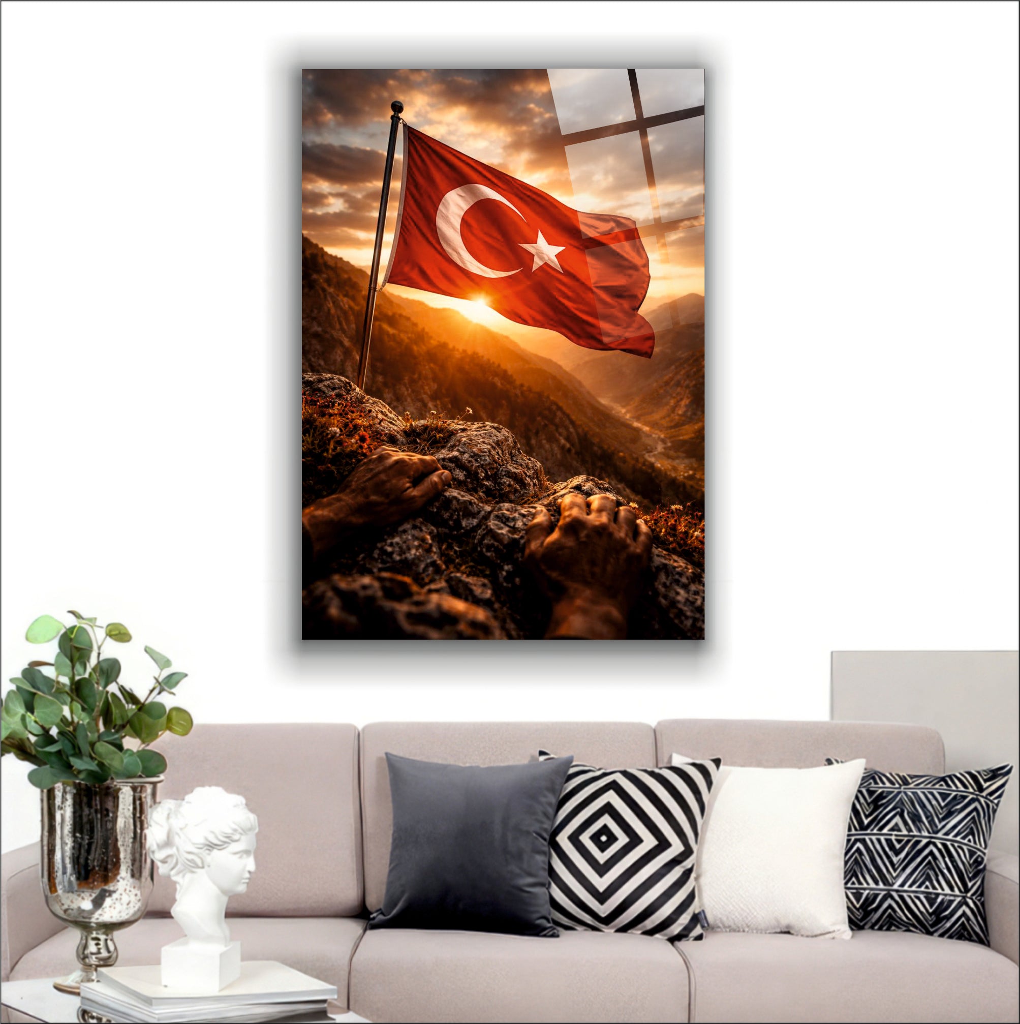 BAYRAK-7 Gün Batımında Dalgalanan Türk Bayrağı Dağ Manzaralı Duvar Tablosu