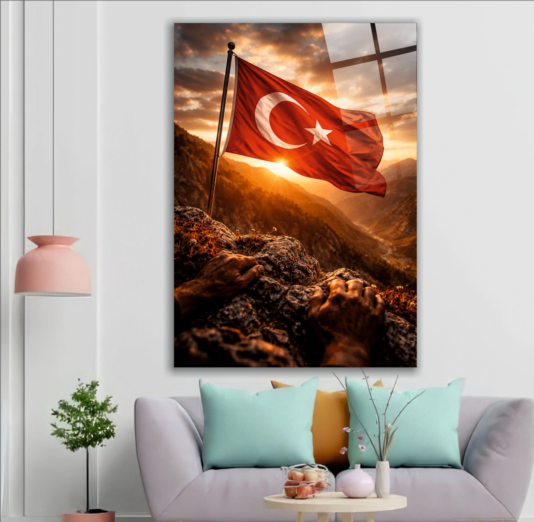 BAYRAK-7 Gün Batımında Dalgalanan Türk Bayrağı Dağ Manzaralı Duvar Tablosu