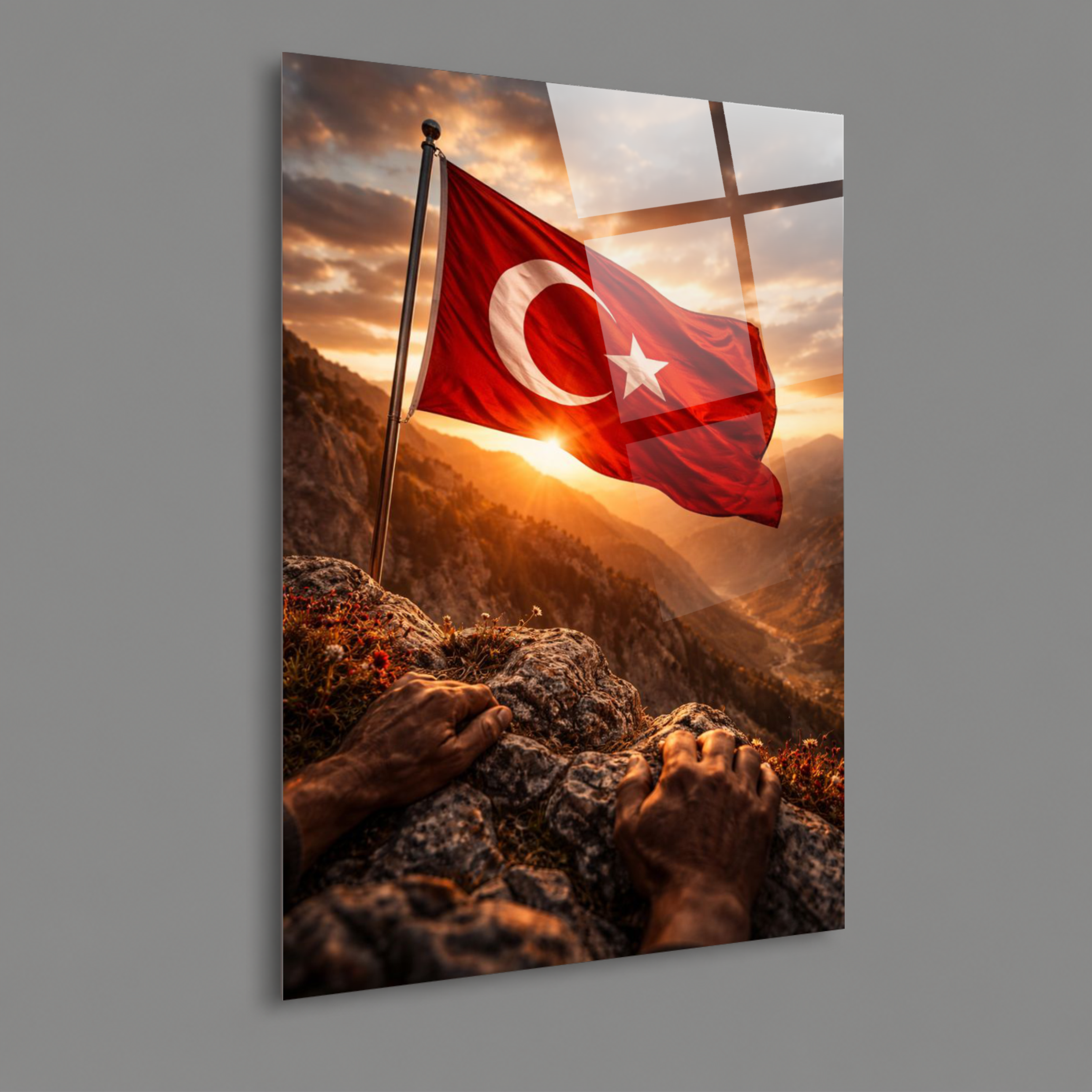 BAYRAK-7 Gün Batımında Dalgalanan Türk Bayrağı Dağ Manzaralı Duvar Tablosu