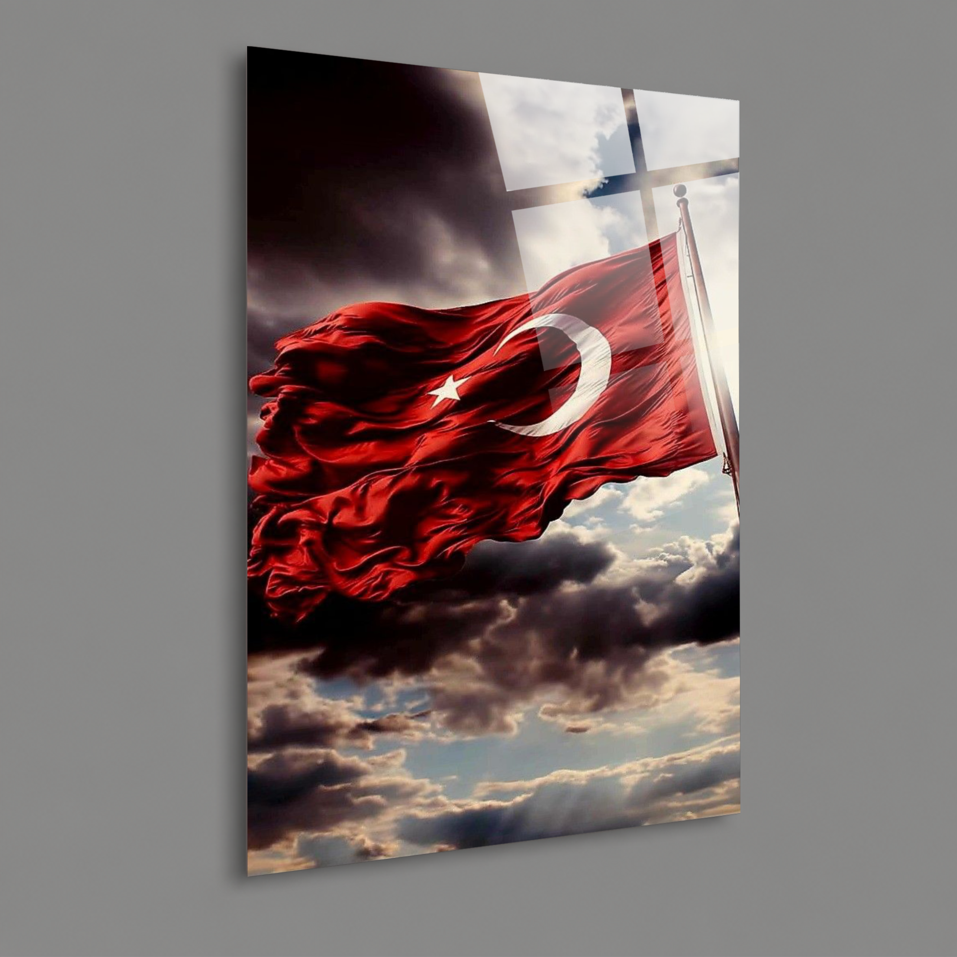 BAYRAK-9 Fırtınalı Gökyüzünde Dalgalanan Türk Bayrağı Manzaralı Özel Tasarım Duvar Tablosu