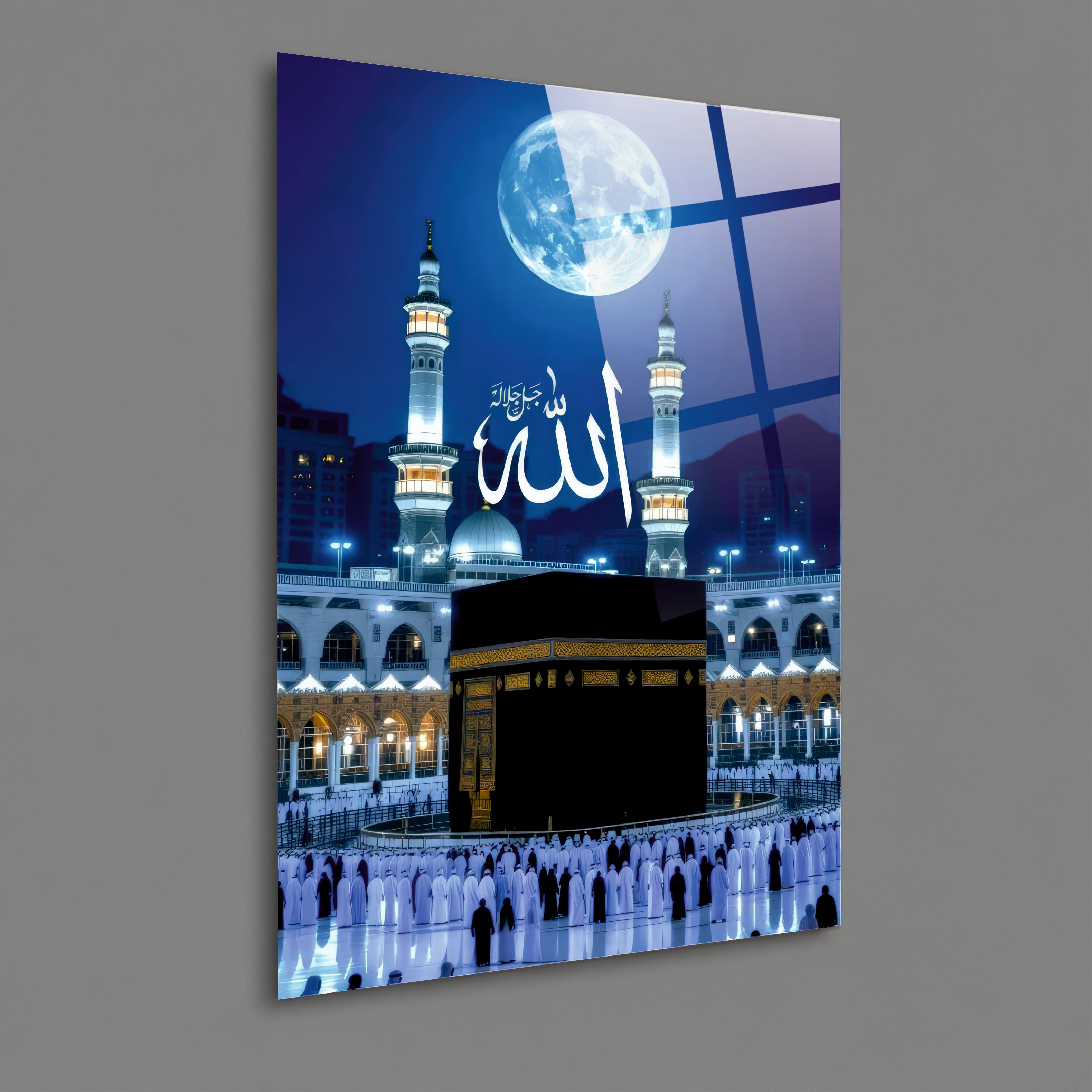DİNİ-59 Gece Vakti Kabe ve Dolunay Cam Tablo - Mescid-i Haram Temalı Lüks Dekor