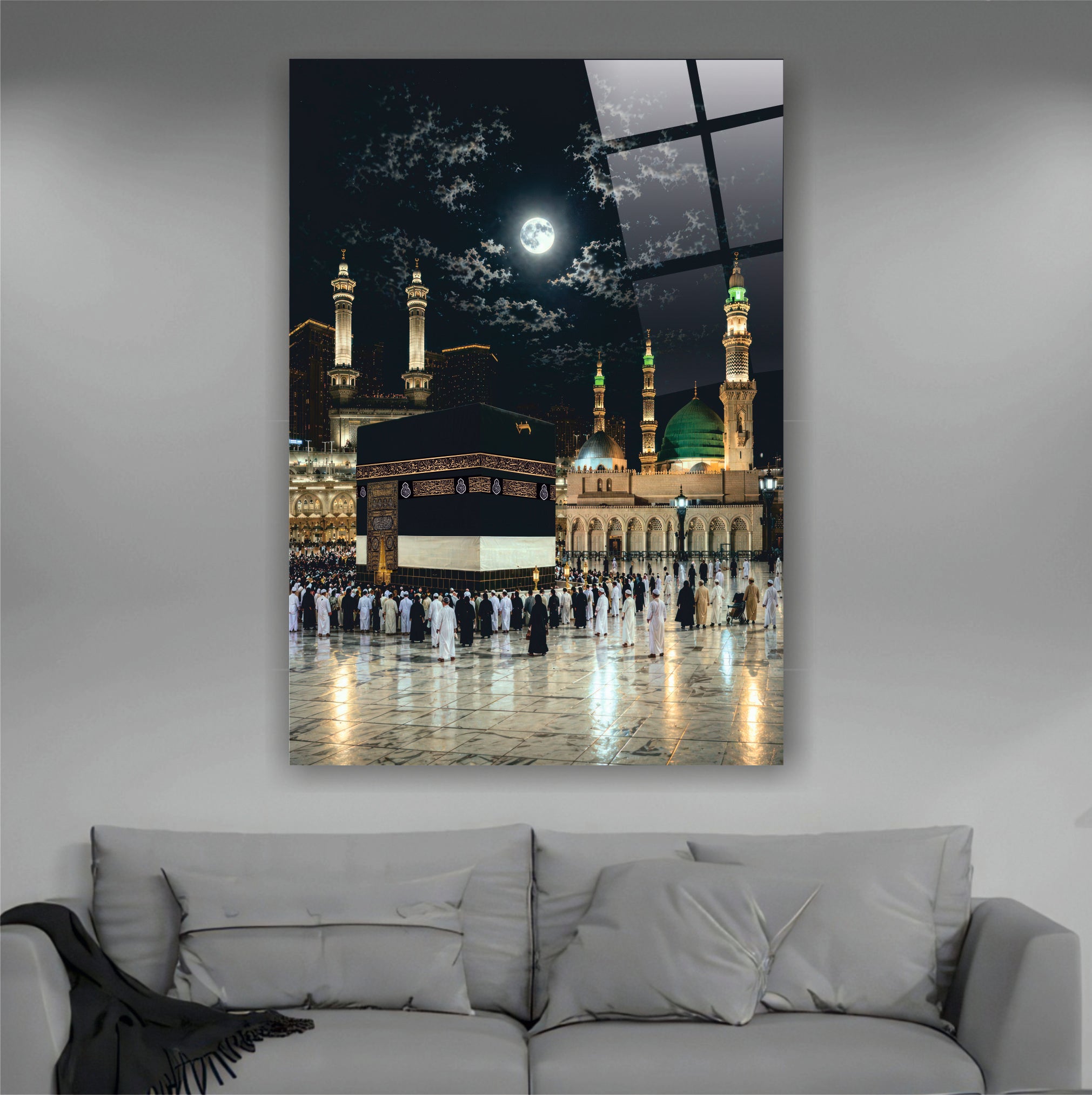 DİNİ-102 Kabe ve Mescid-i Nebevi Gece Manzaralı İslami Cam Tablo Dekorasyonu