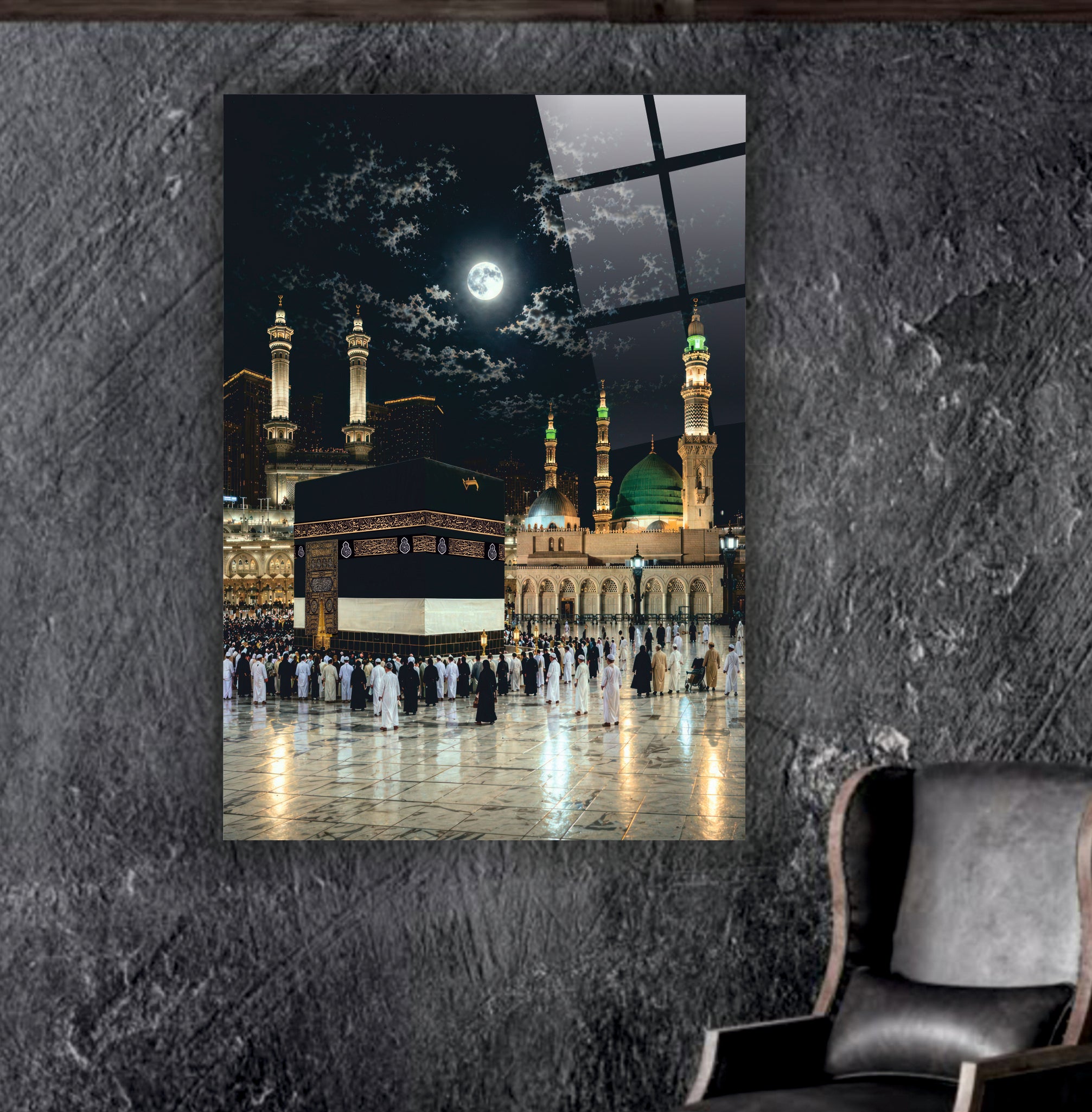 DİNİ-102 Kabe ve Mescid-i Nebevi Gece Manzaralı İslami Cam Tablo Dekorasyonu