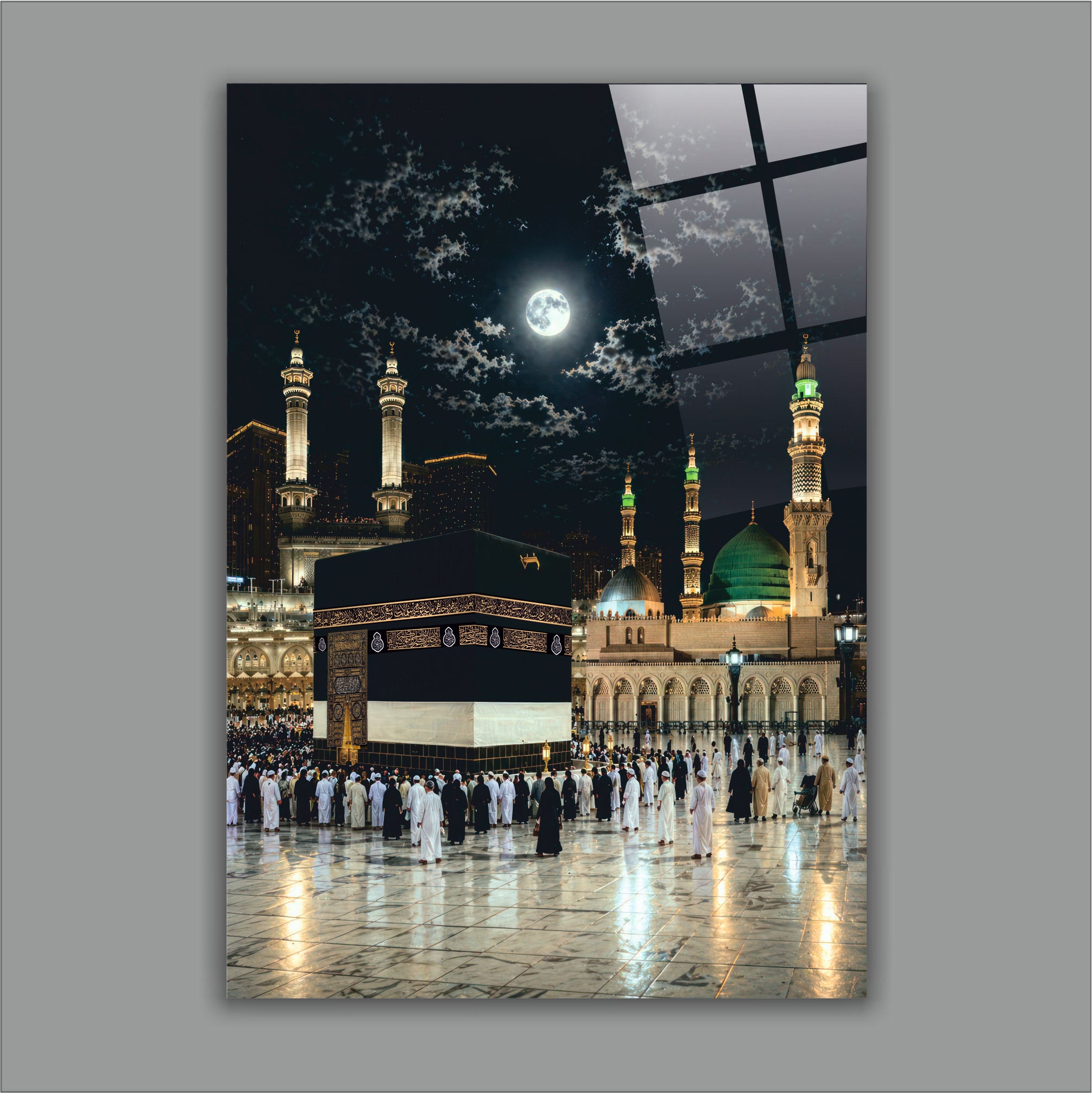 DİNİ-102 Kabe ve Mescid-i Nebevi Gece Manzaralı İslami Cam Tablo Dekorasyonu