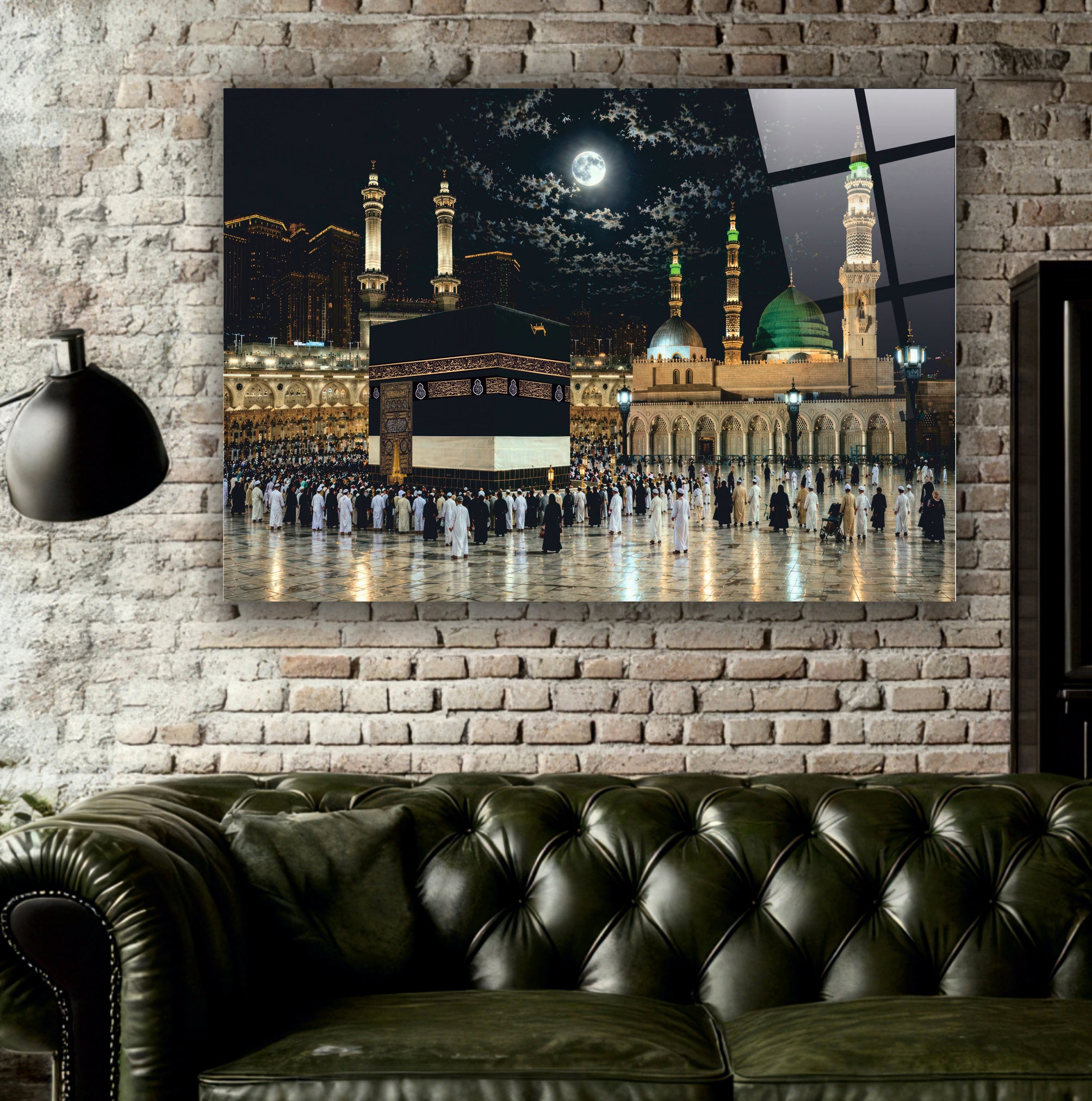 DİNİ-103 Kabe ve Mescid-i Nebevi Gece Temalı İslami Cam Tablo Dekorasyonu