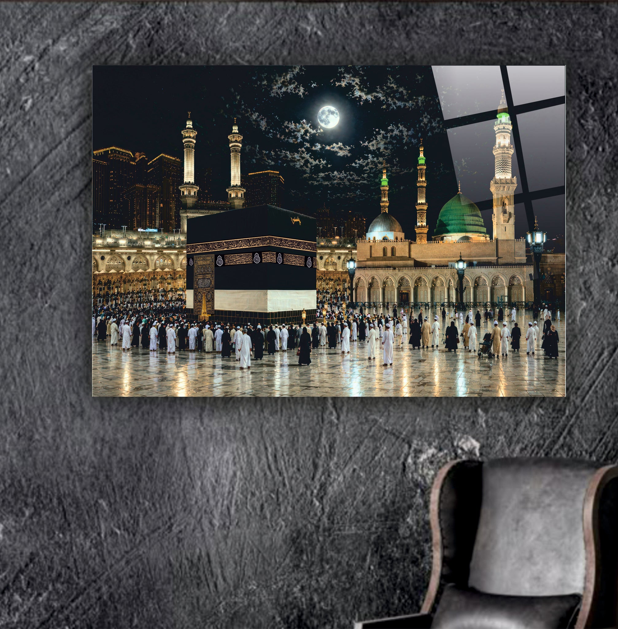 DİNİ-103 Kabe ve Mescid-i Nebevi Gece Temalı İslami Cam Tablo Dekorasyonu