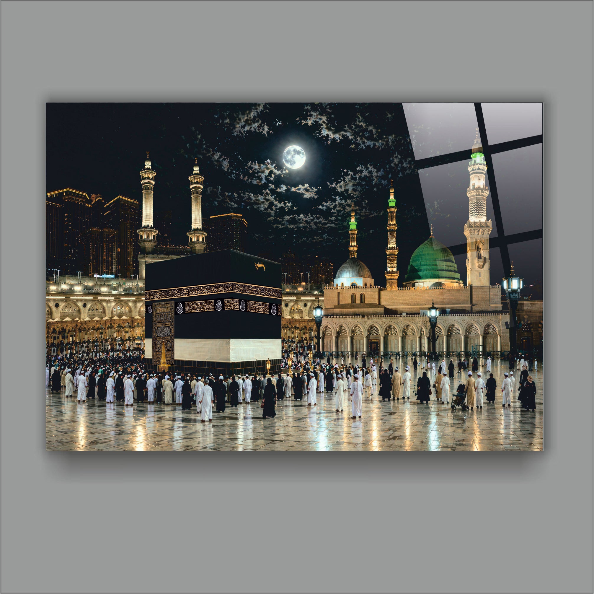 DİNİ-103 Kabe ve Mescid-i Nebevi Gece Temalı İslami Cam Tablo Dekorasyonu