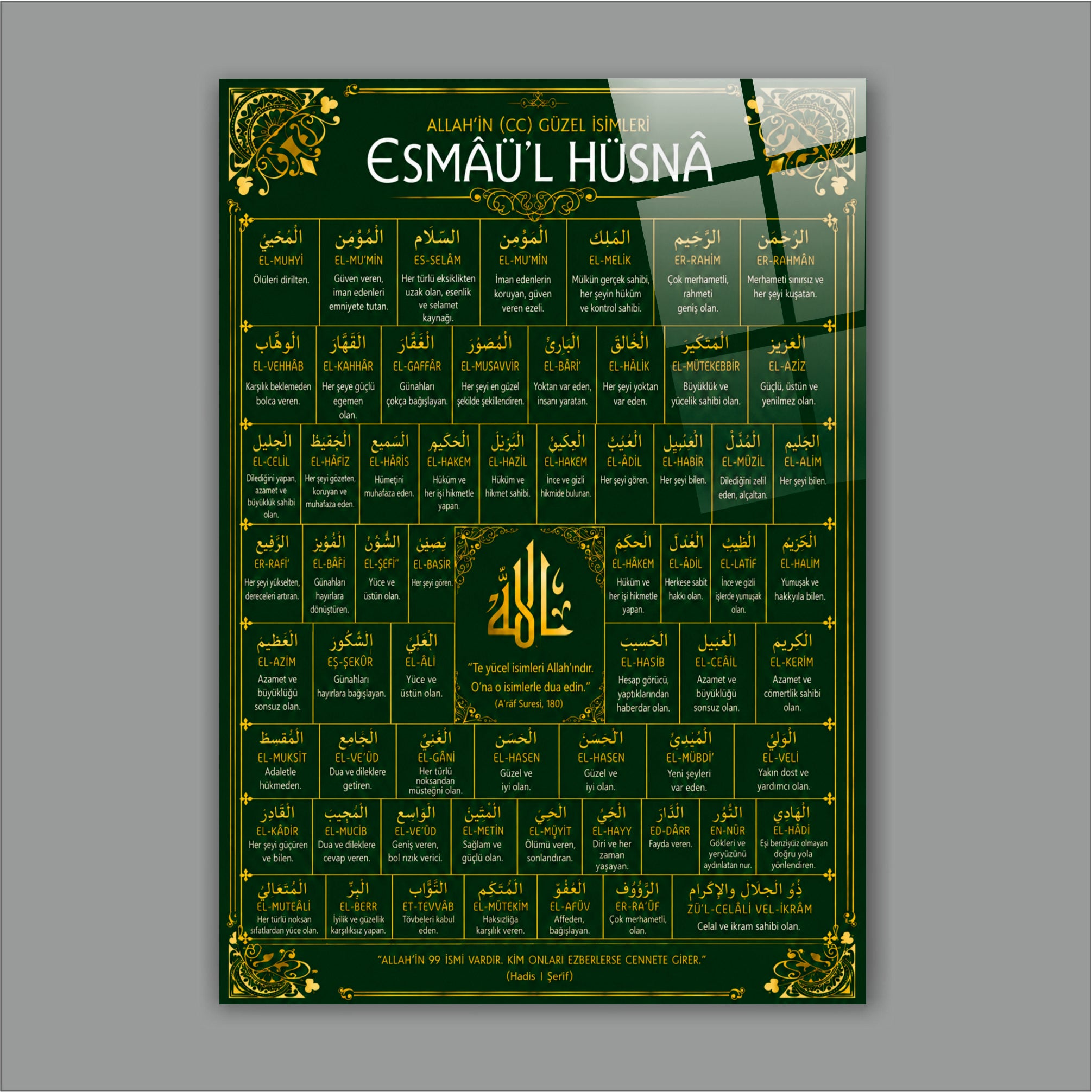 DİNİ-120 Esmaül Hüsna 99 Güzel İsim Yazılı İslami Cam Tablo