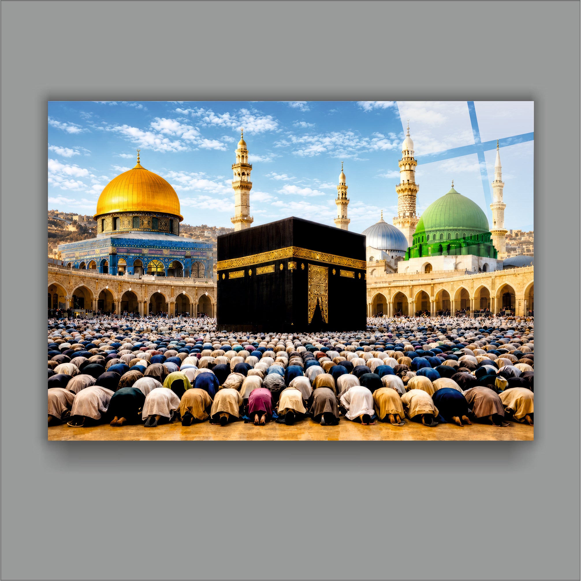 DİNİ-131 Kabe Kubbetüs Sahra ve Mescid-i Nebevi İslami Cam Tablo