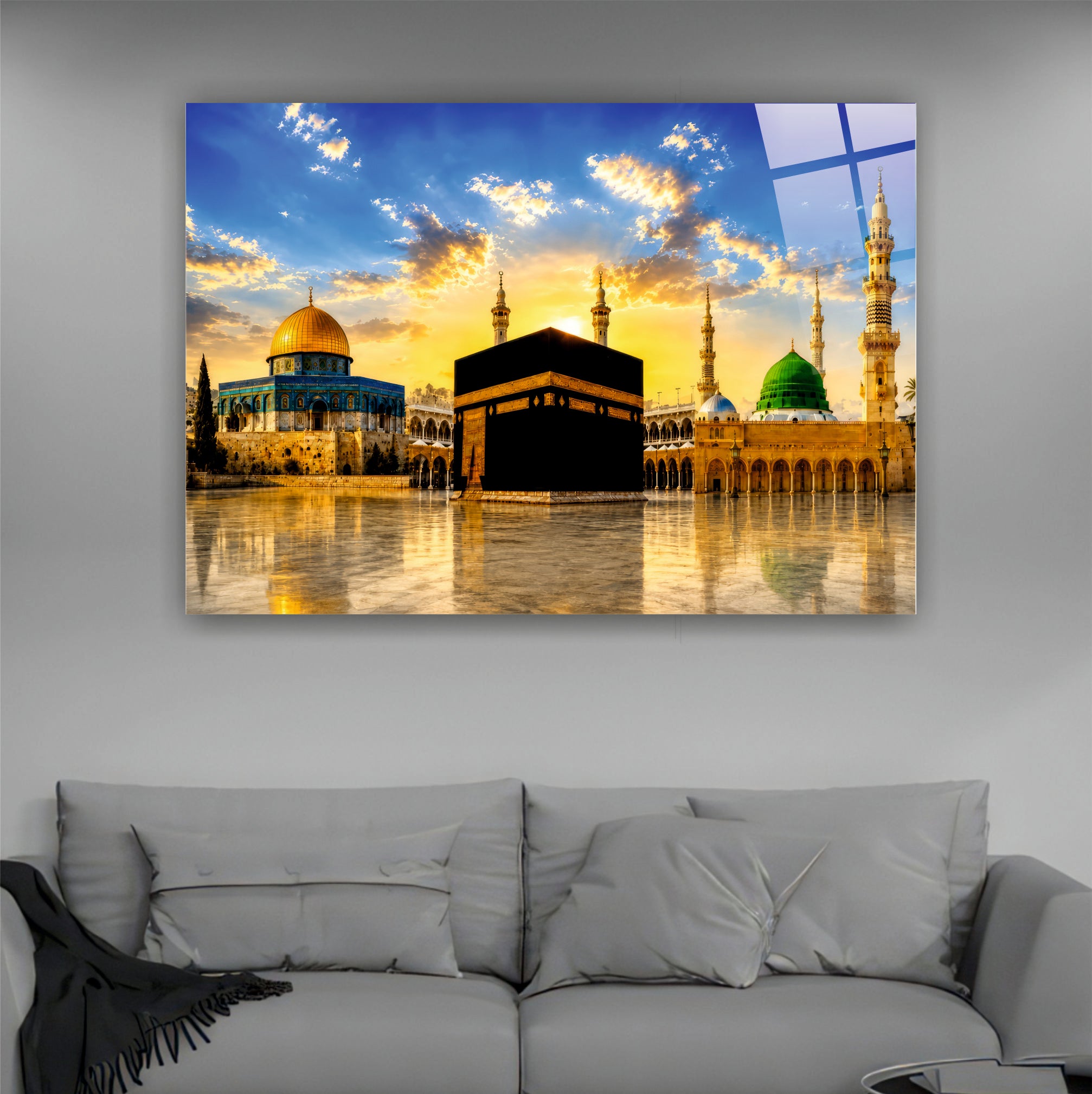 DİNİ-139 Kabe Mescid-i Nebevi Kubbetüs Sahra Panoramik Dekoratif Cam Tablo