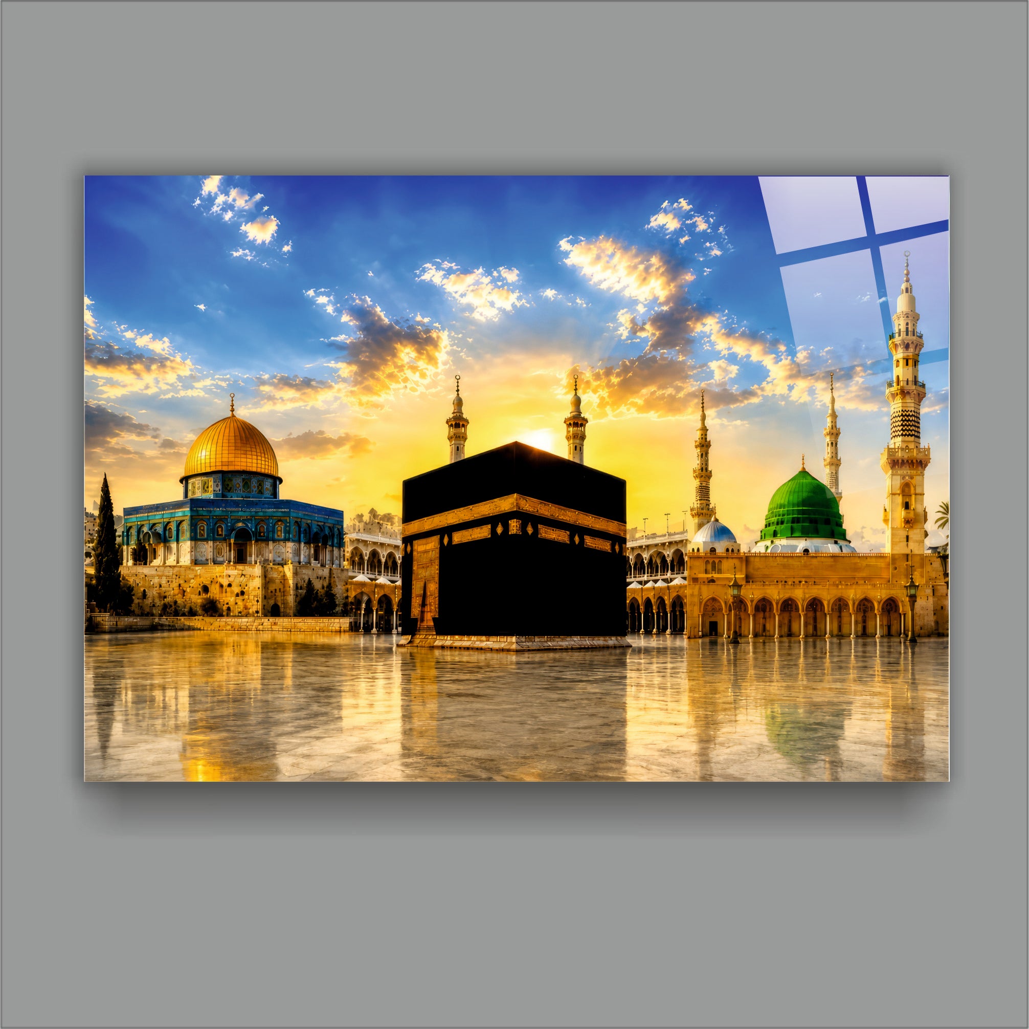 DİNİ-139 Kabe Mescid-i Nebevi Kubbetüs Sahra Panoramik Dekoratif Cam Tablo