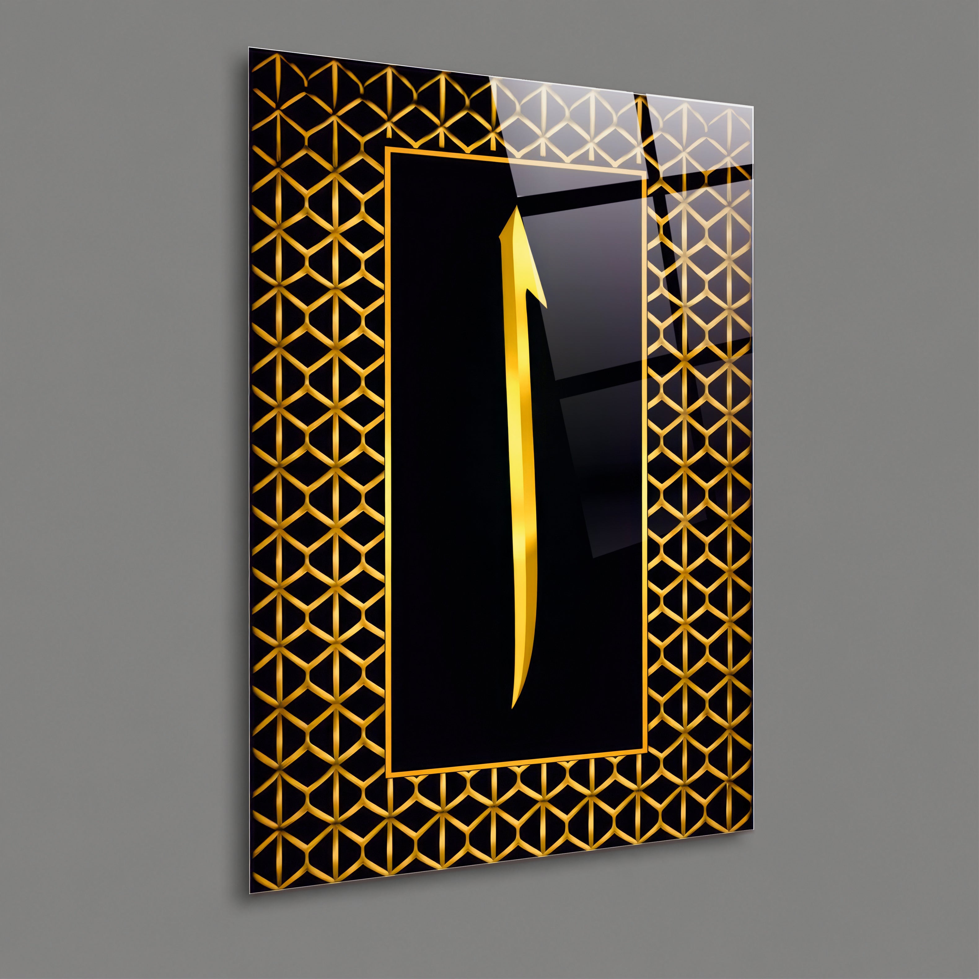 DİNİ-83 Altın Varak Görünümlü Elif Harfi Cam Tablo - Modern Geometrik Seri