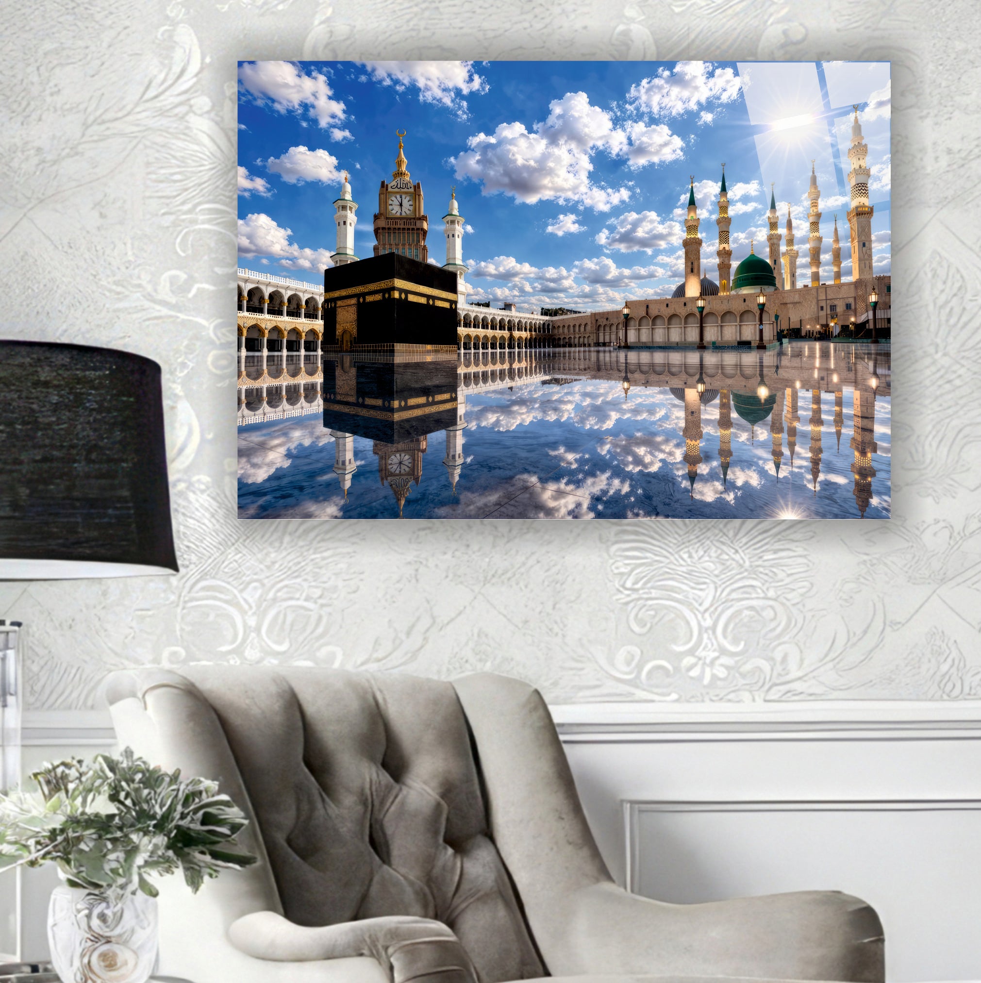 DİNİ-95 Kabe ve Mescid-i Nebevi Panoramik Cam Tablo İslami Dekor Tasarımı