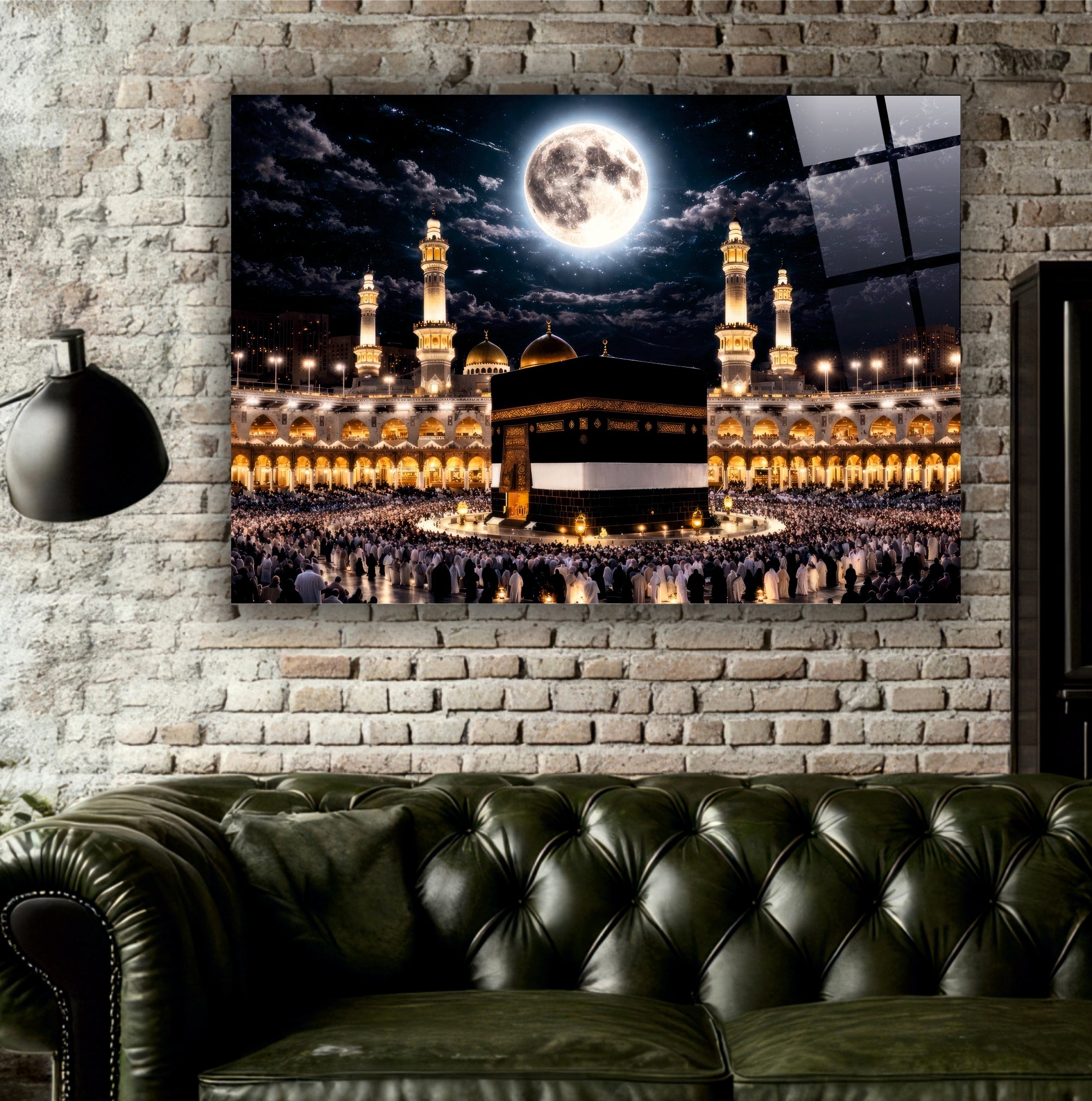 DİNİ-96 Dolunay Altında Kabe Gece Manzaralı Cam Tablo İslami Dekor Tasarımı