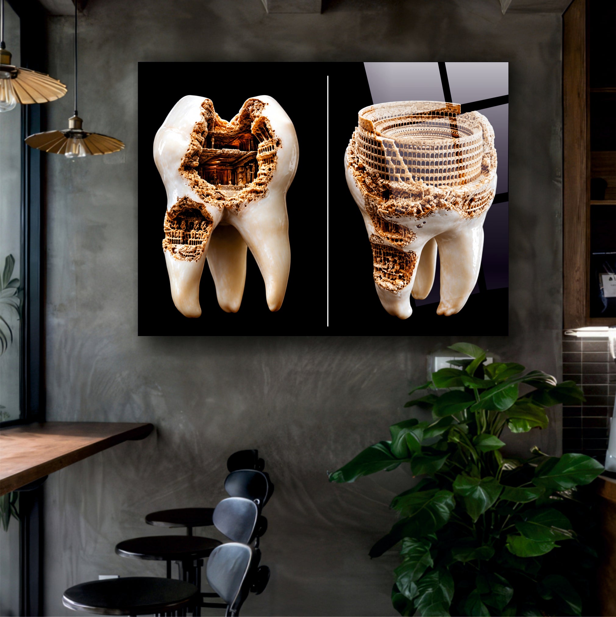 DİŞ-19 Diş Anatomisi ve Tarihi Yapı Temalı Cam Tablo