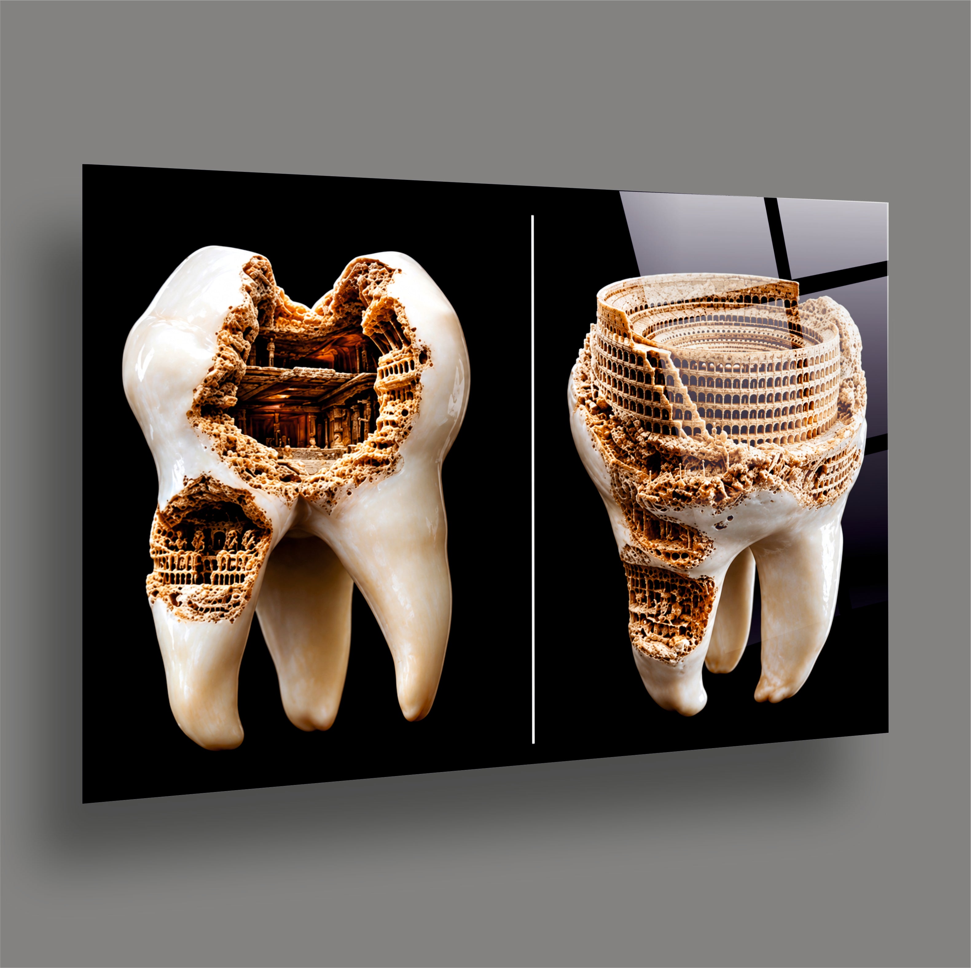 DİŞ-19 Diş Anatomisi ve Tarihi Yapı Temalı Cam Tablo