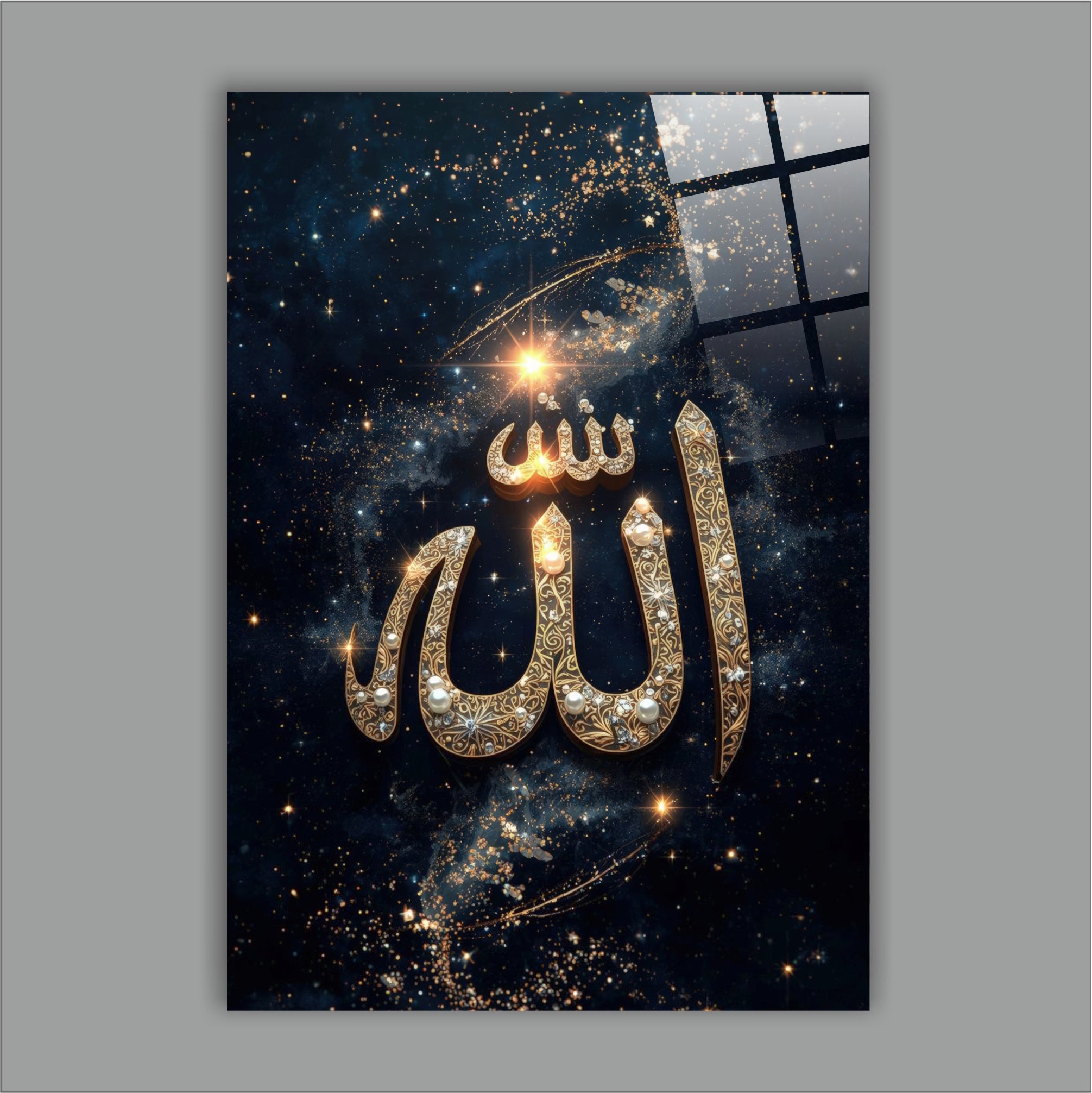 Esmaül Hüsna ve Kabe Temalı Cam Tablo - Altın Varak Görünümlü Lüks Dekor