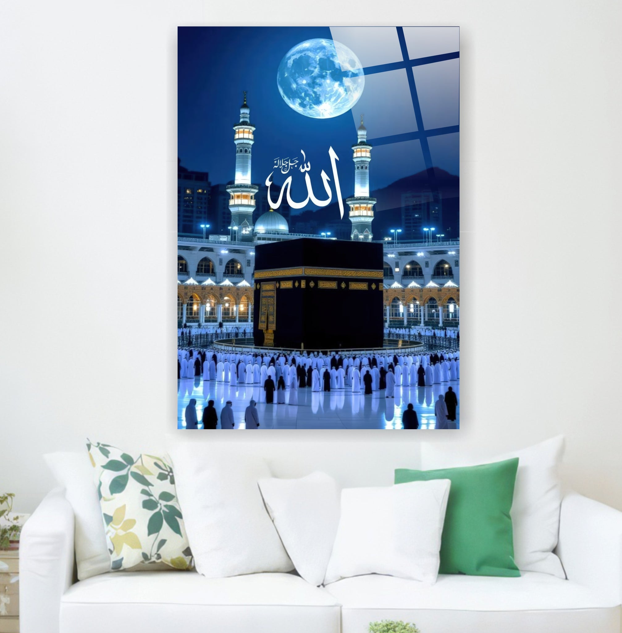 Gece Vakti Kabe ve Dolunay Cam Tablo - Mescid-i Haram Temalı Lüks Dekor