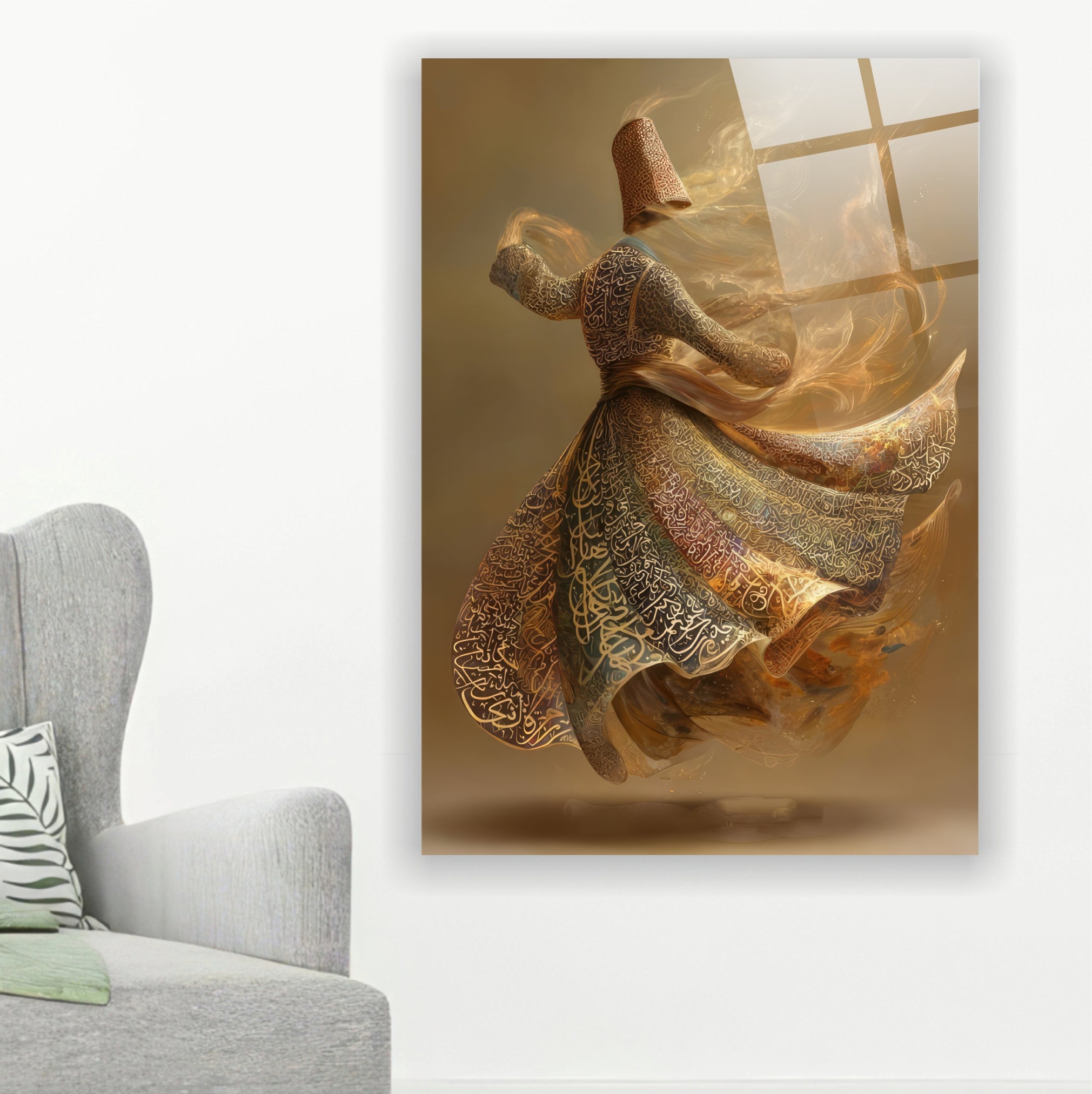 Hat Sanatı İşlemeli Semazen Cam Tablo - Mevlevi ve Tasavvuf Temalı Altın Seri