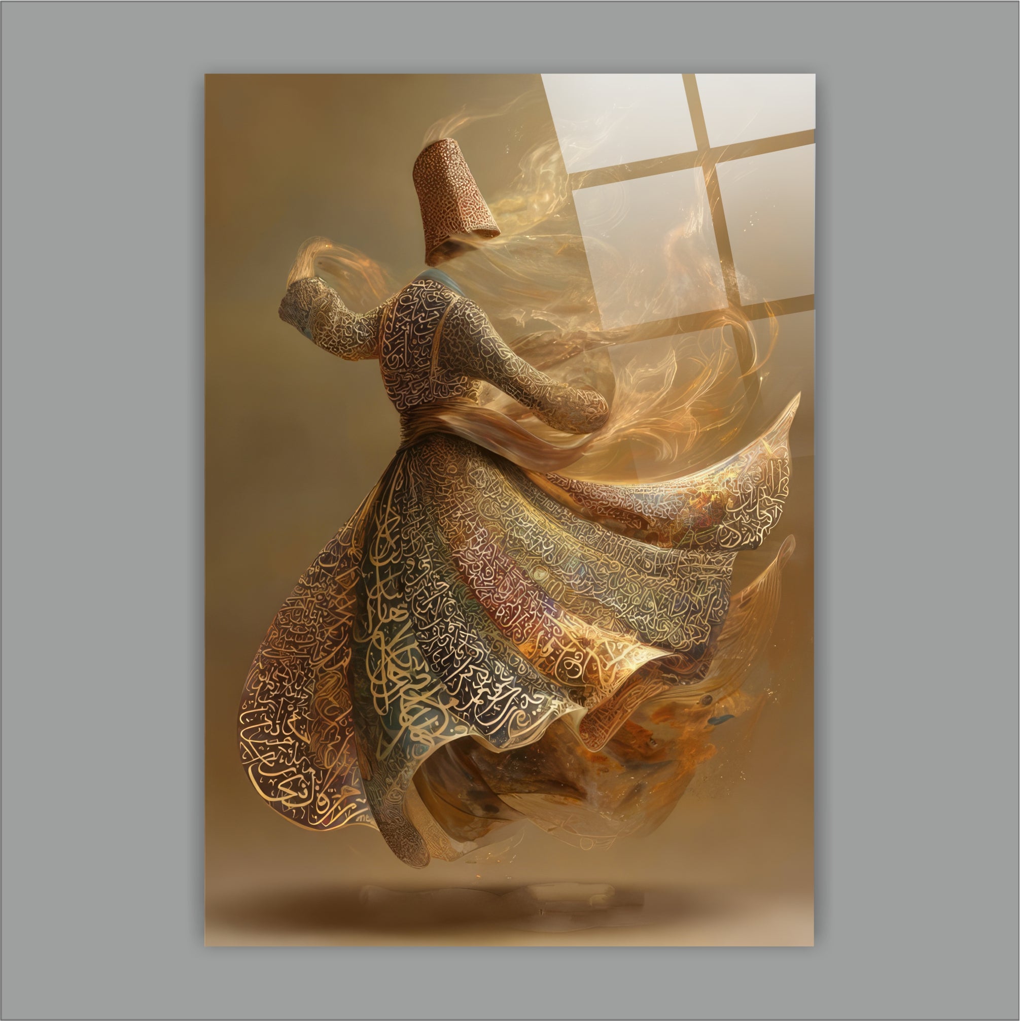 Hat Sanatı İşlemeli Semazen Cam Tablo - Mevlevi ve Tasavvuf Temalı Altın Seri
