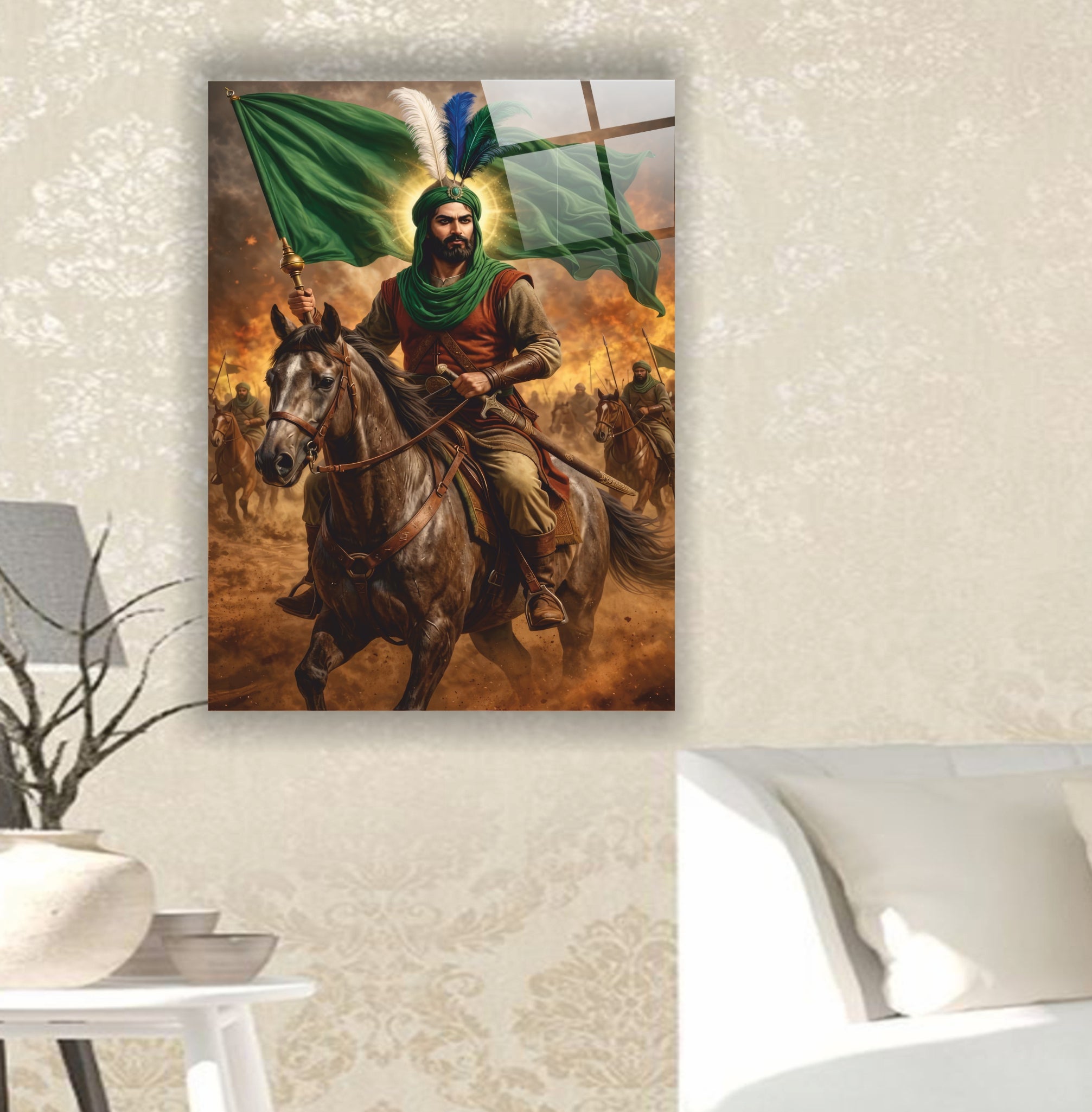 Hz. Abbas Sancaktar Temalı Cam Tablo - Epik İslam Süvarisi ve Yeşil Sancaklı Seri