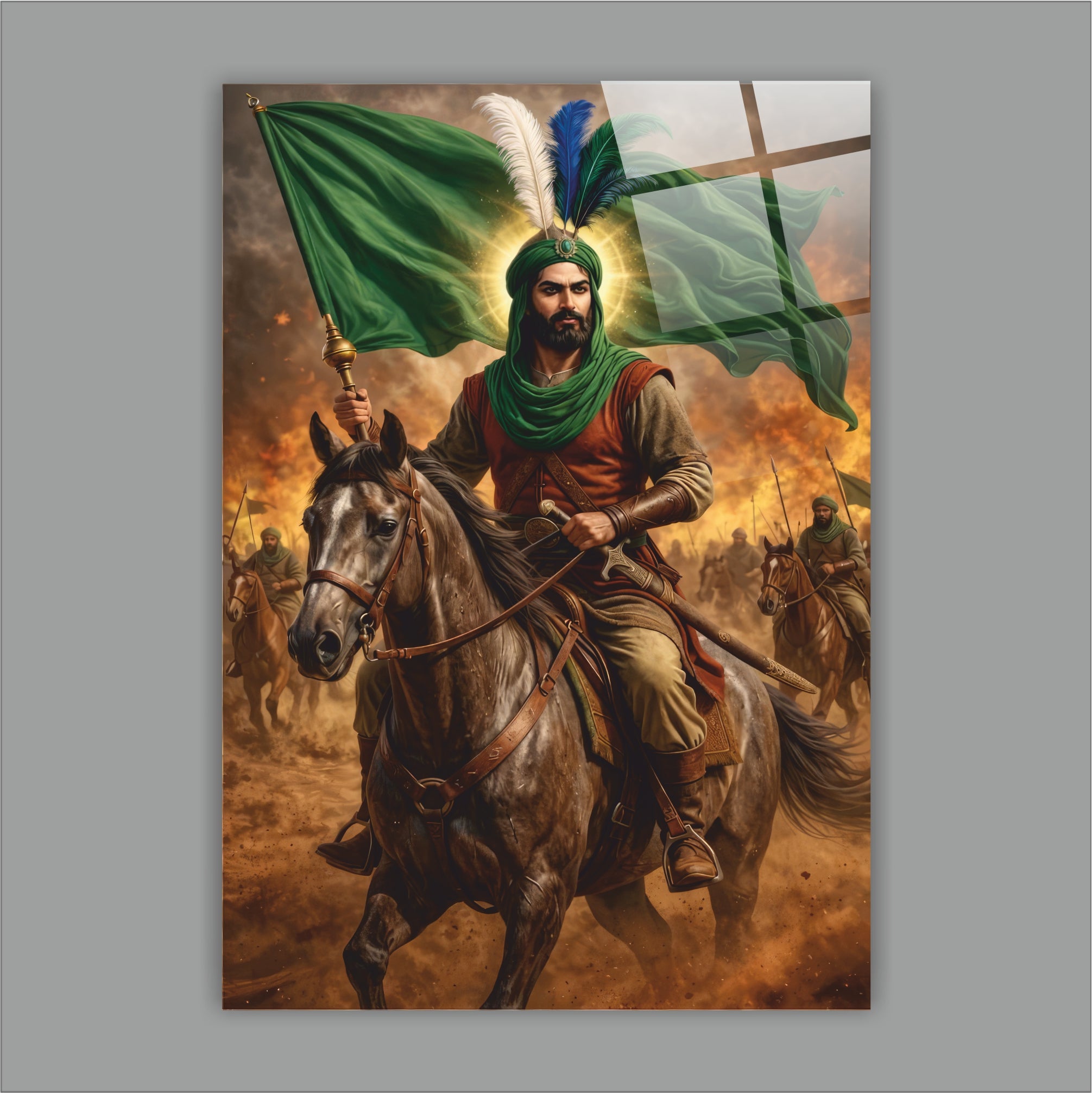 Hz. Abbas Sancaktar Temalı Cam Tablo - Epik İslam Süvarisi ve Yeşil Sancaklı Seri