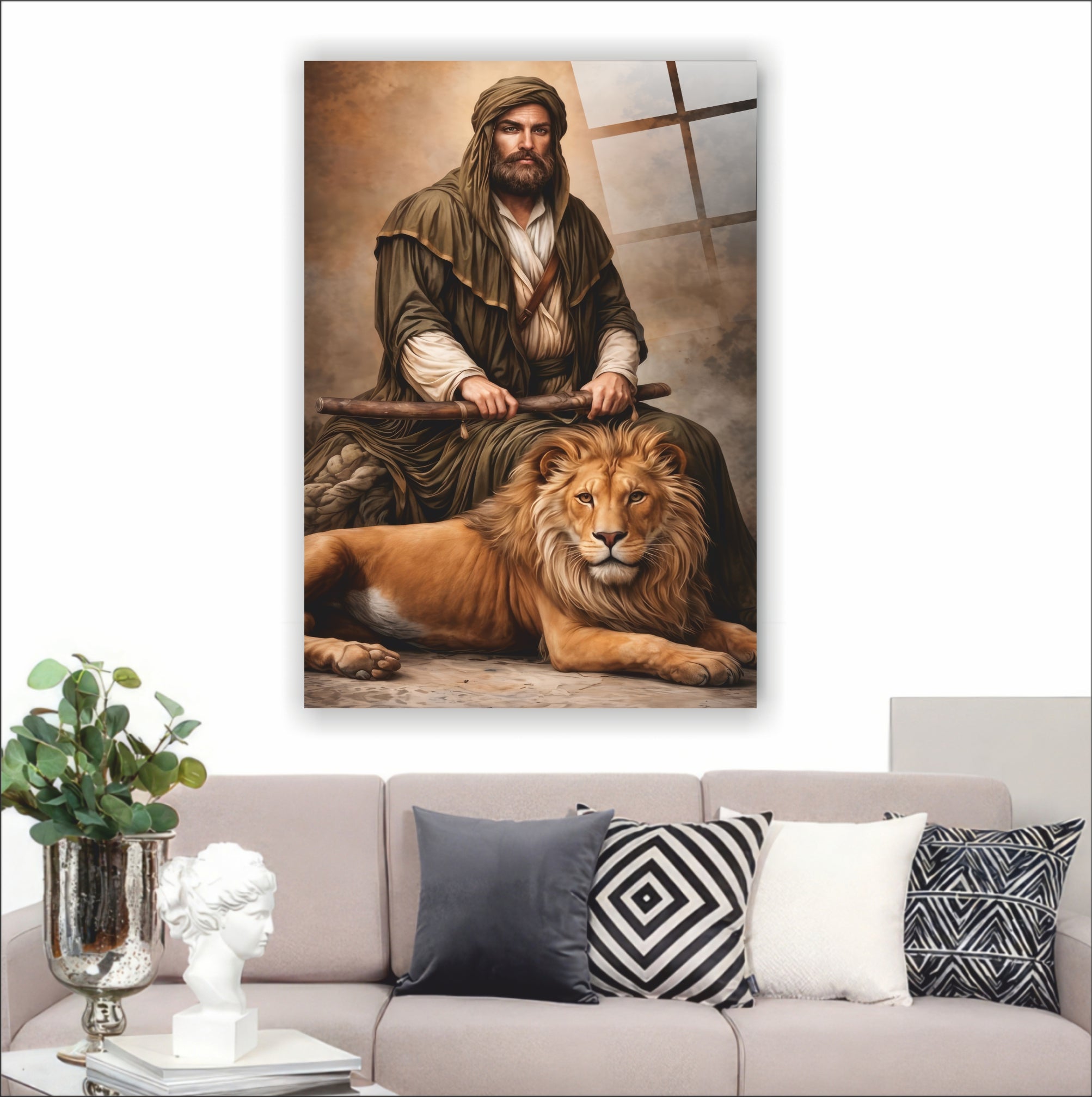 Heybetli Aslan ve İslam Mücahidi Temalı Cam Tablo - "Allah’ın Aslanı" Özel Seri