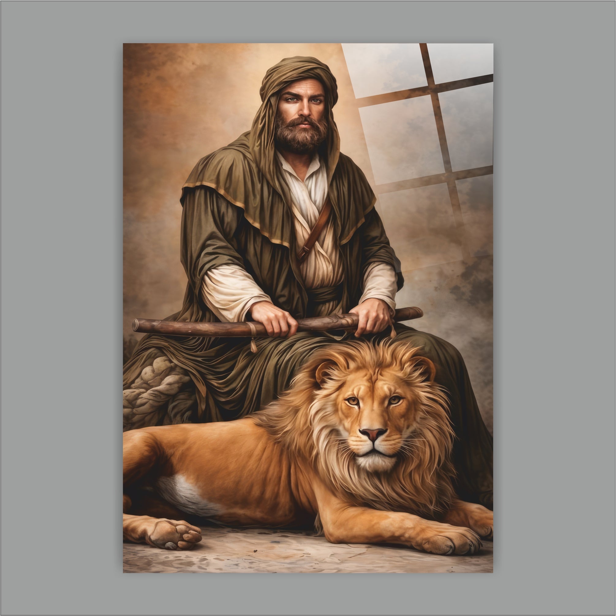 Heybetli Aslan ve İslam Mücahidi Temalı Cam Tablo - "Allah’ın Aslanı" Özel Seri