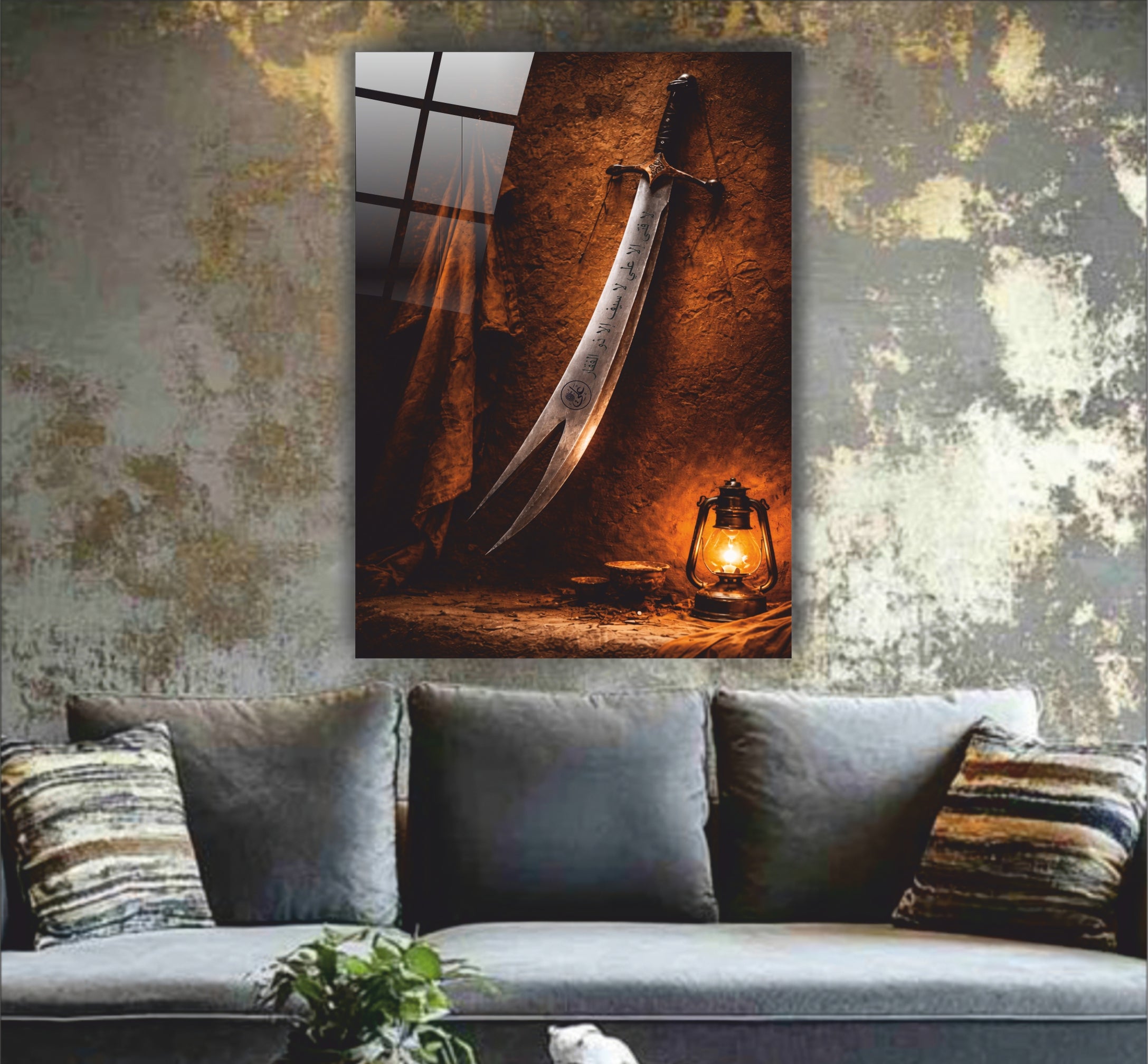 Hz. Ali Zülfikar Kılıcı ve Kandil Temalı Mistik Cam Tablo - Tarihi Doku Serisi