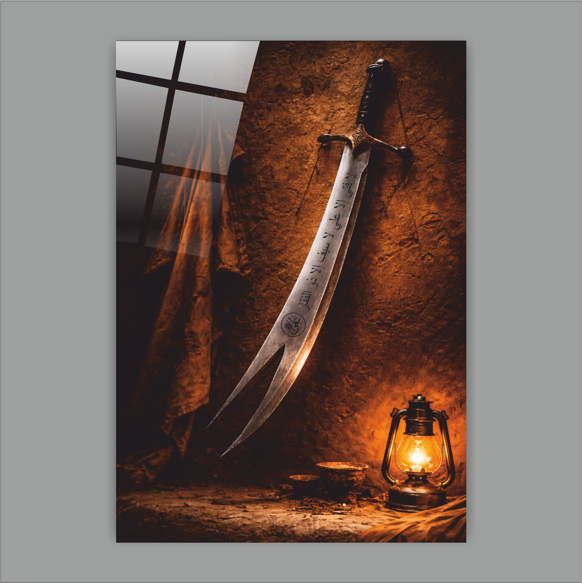 Hz. Ali Zülfikar Kılıcı ve Kandil Temalı Mistik Cam Tablo - Tarihi Doku Serisi