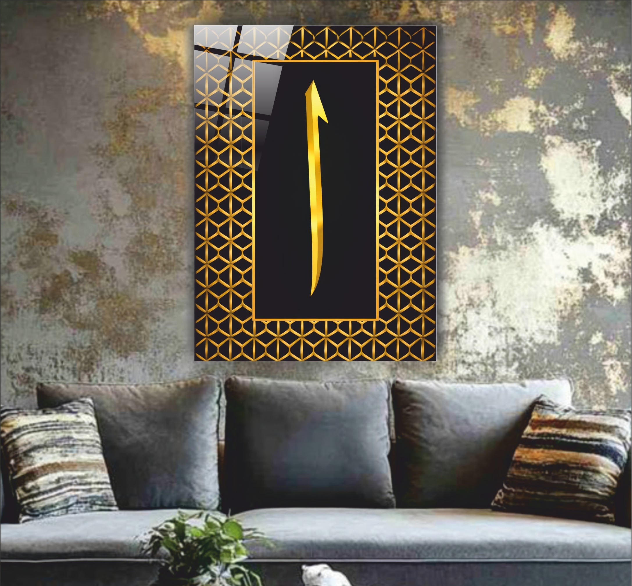 Altın Varak Görünümlü Elif Harfi Cam Tablo - Modern Geometrik Seri